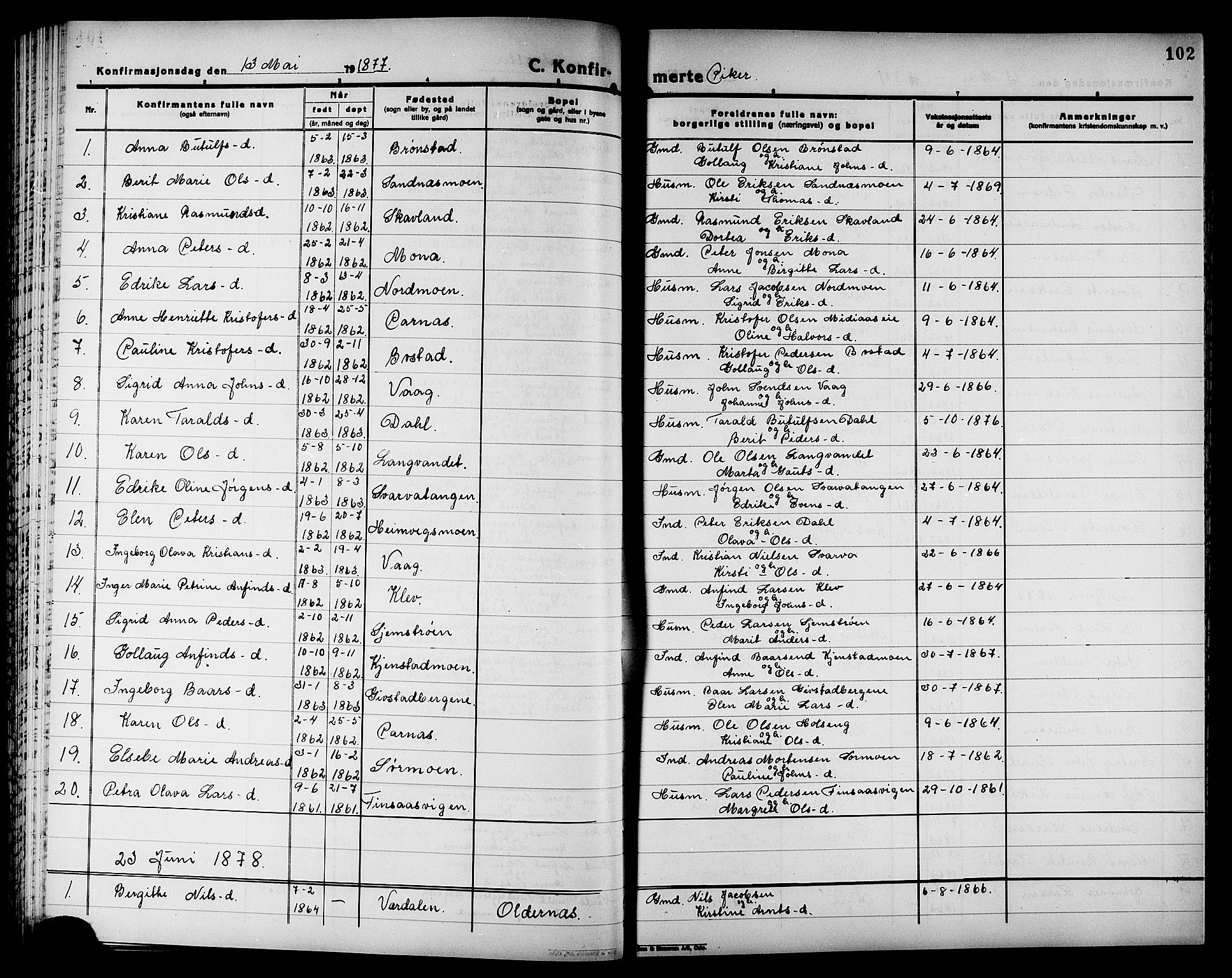 Ministerialprotokoller, klokkerbøker og fødselsregistre - Nord-Trøndelag, AV/SAT-A-1458/749/L0486: Parish register (official) no. 749D02, 1873-1887, p. 102