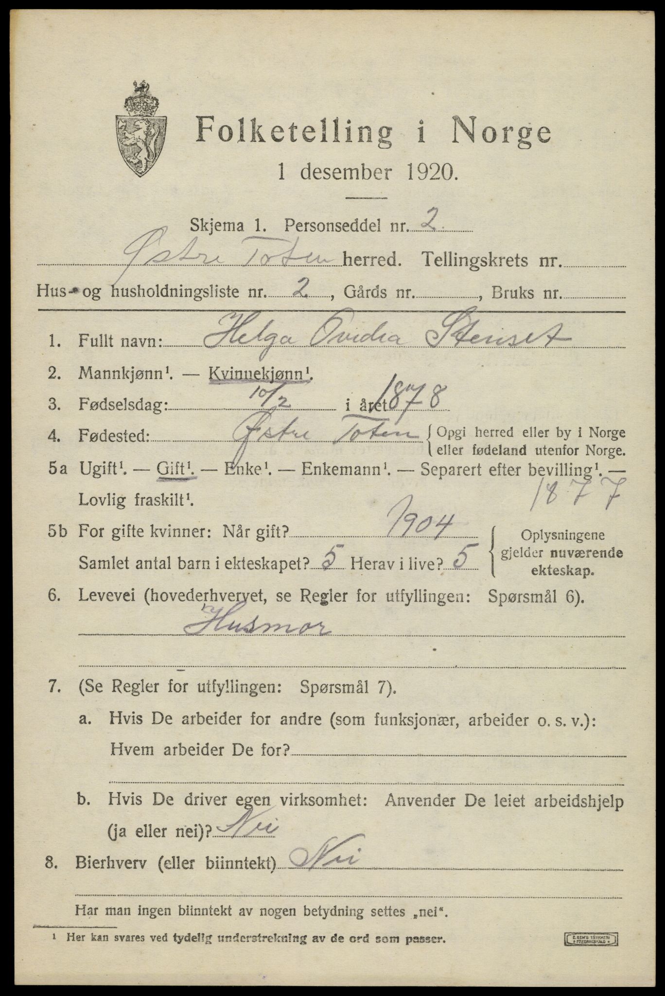 SAH, 1920 census for Østre Toten, 1920, p. 6112