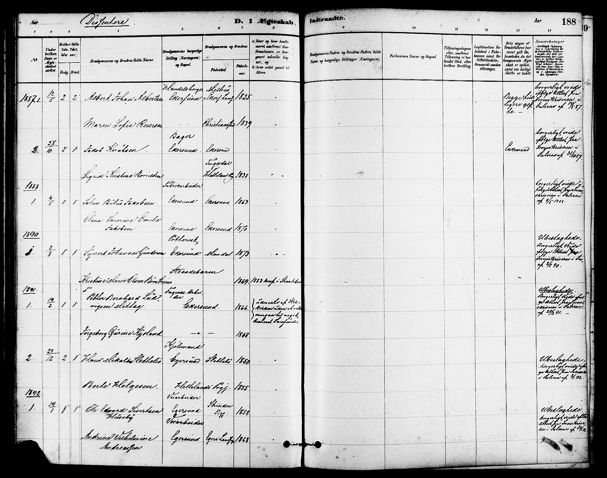 Eigersund sokneprestkontor, SAST/A-101807/S08/L0015: Parish register (official) no. A 15, 1879-1892, p. 188