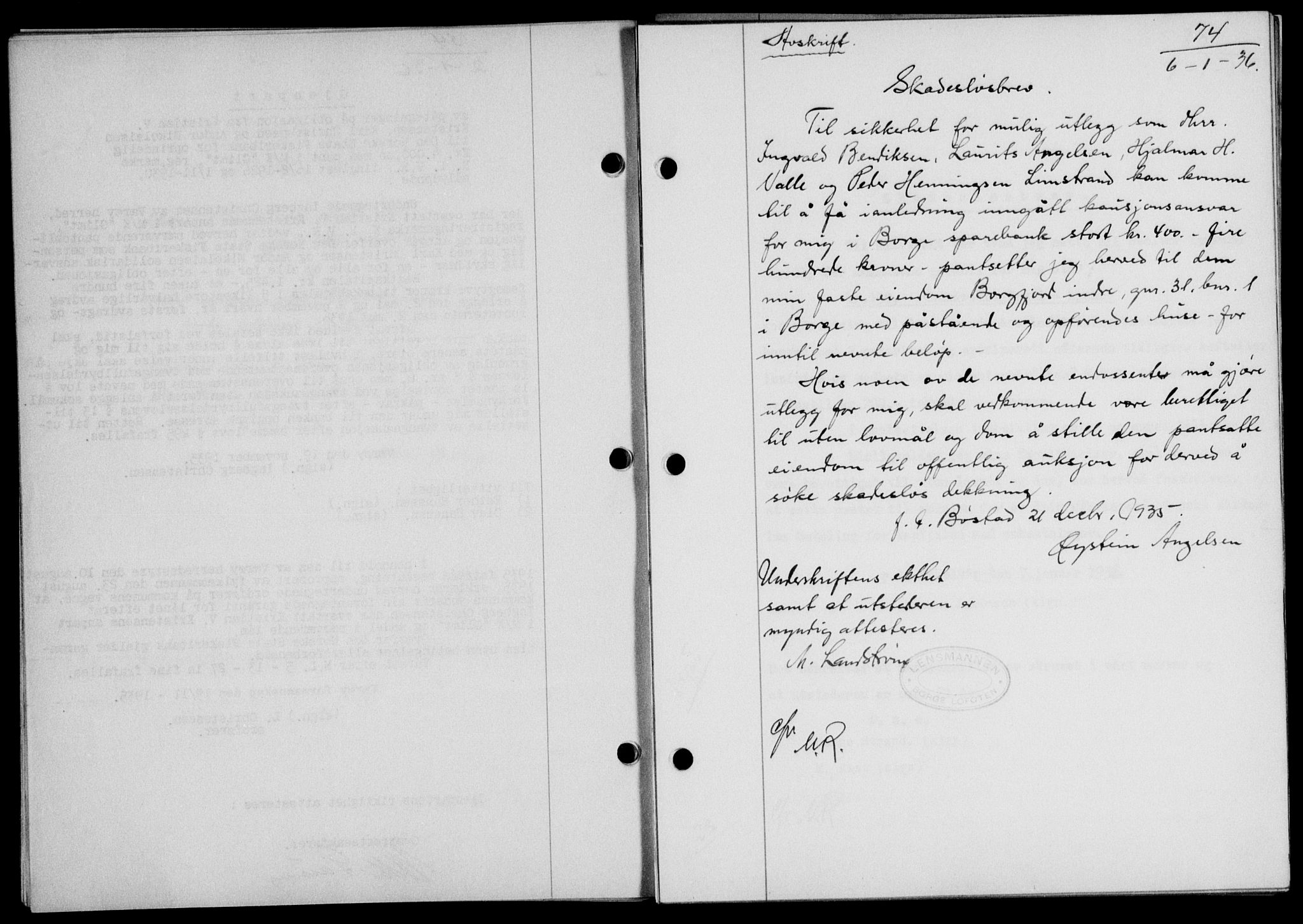 Lofoten sorenskriveri, SAT/A-0017/1/2/2C/L0033b: Mortgage book no. 33b, 1936-1936, Diary no: : 74/1936