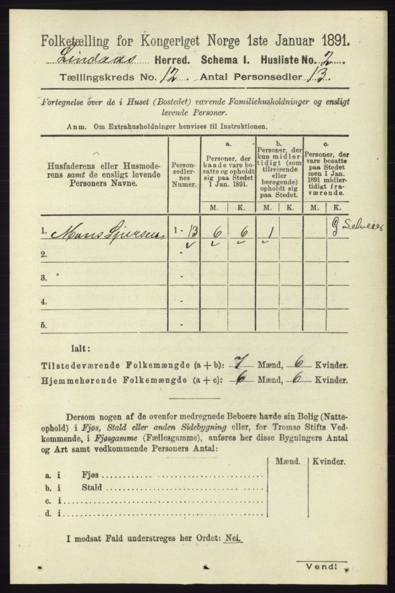 RA, 1891 census for 1263 Lindås, 1891, p. 3968