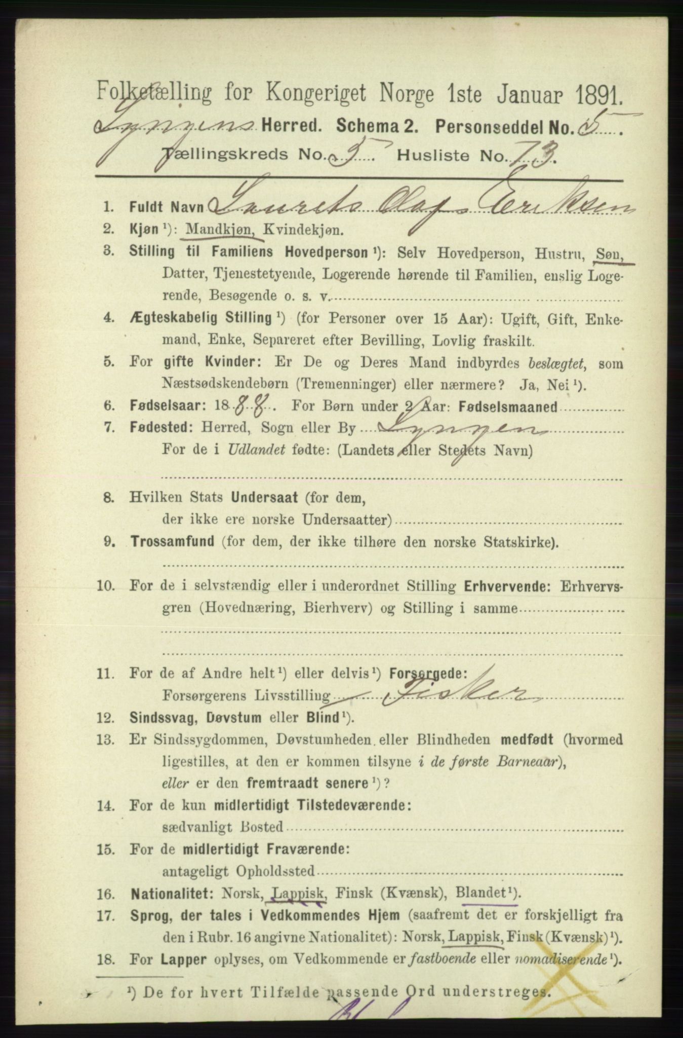 RA, 1891 census for 1938 Lyngen, 1891, p. 4895