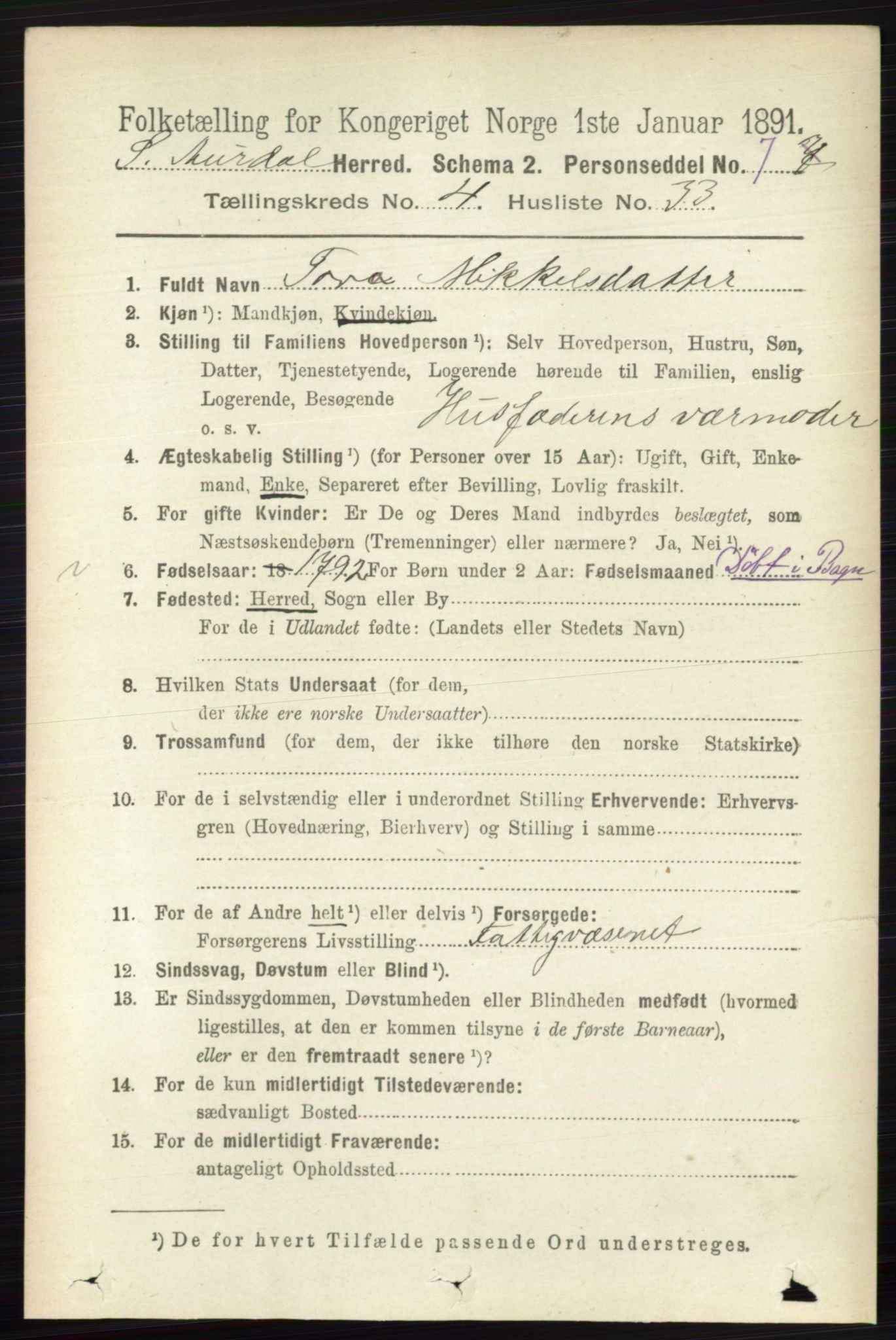 RA, 1891 census for 0540 Sør-Aurdal, 1891, p. 2926