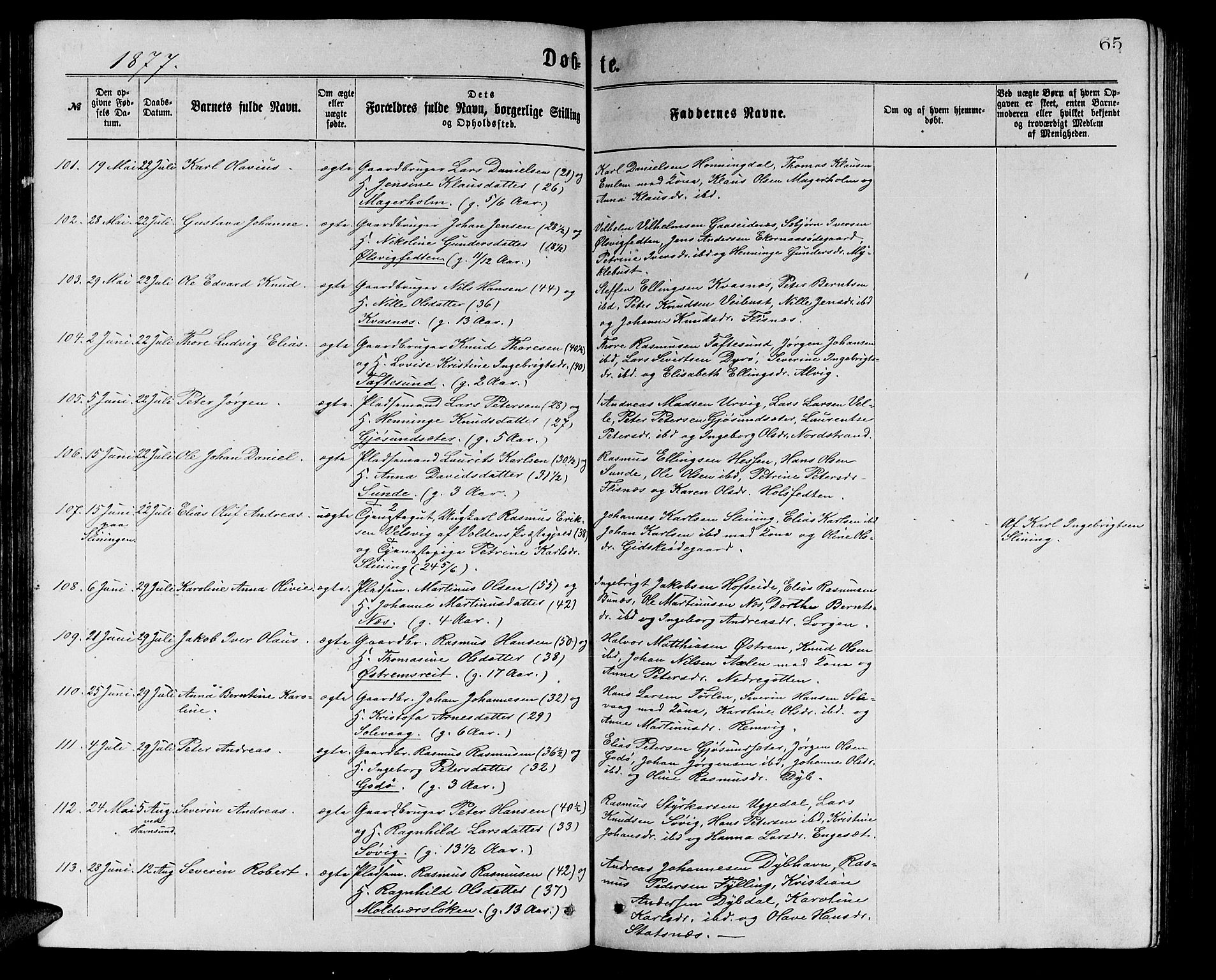 Ministerialprotokoller, klokkerbøker og fødselsregistre - Møre og Romsdal, AV/SAT-A-1454/528/L0429: Parish register (copy) no. 528C10, 1872-1886, p. 65