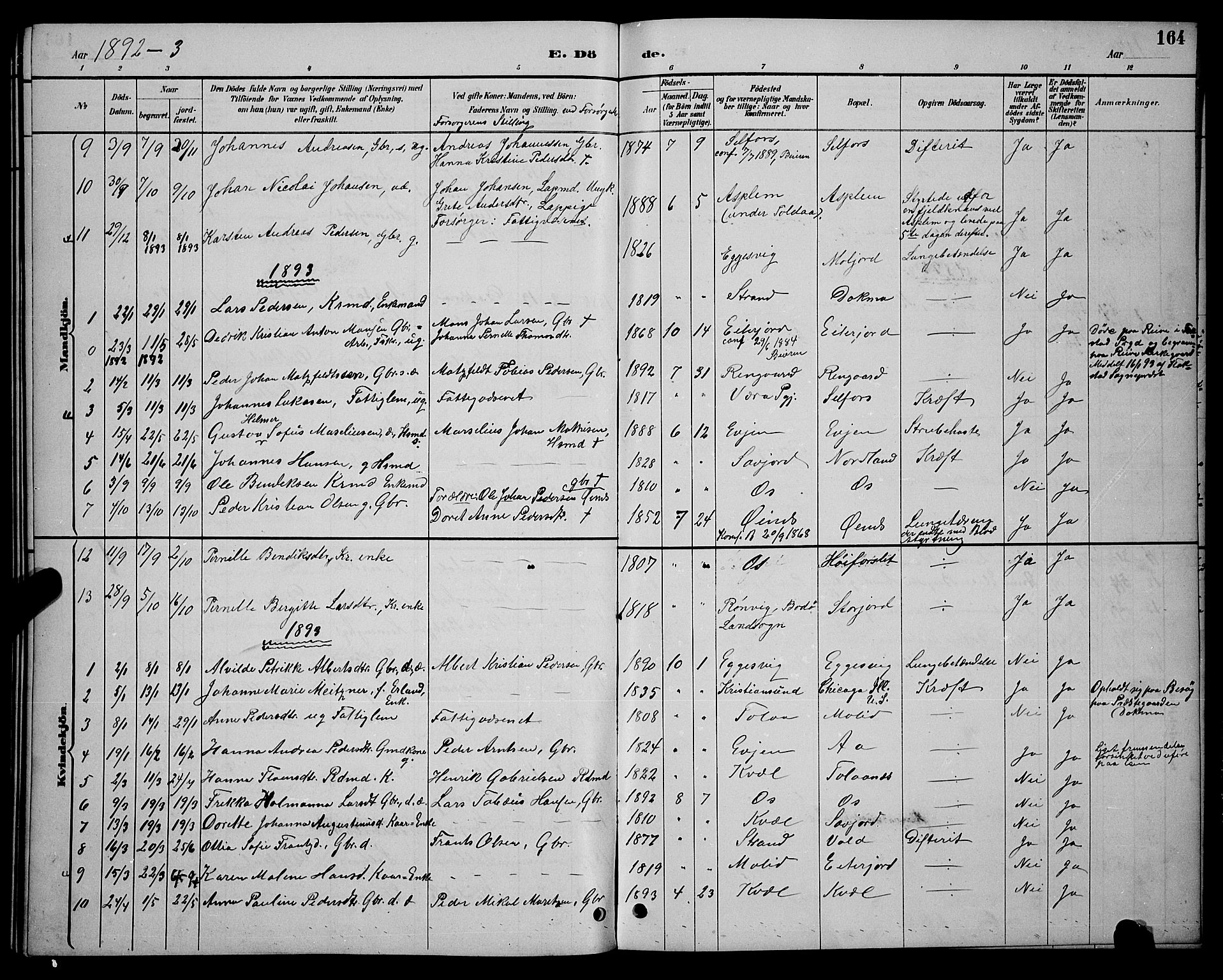 Ministerialprotokoller, klokkerbøker og fødselsregistre - Nordland, AV/SAT-A-1459/846/L0654: Parish register (copy) no. 846C04, 1887-1901, p. 164