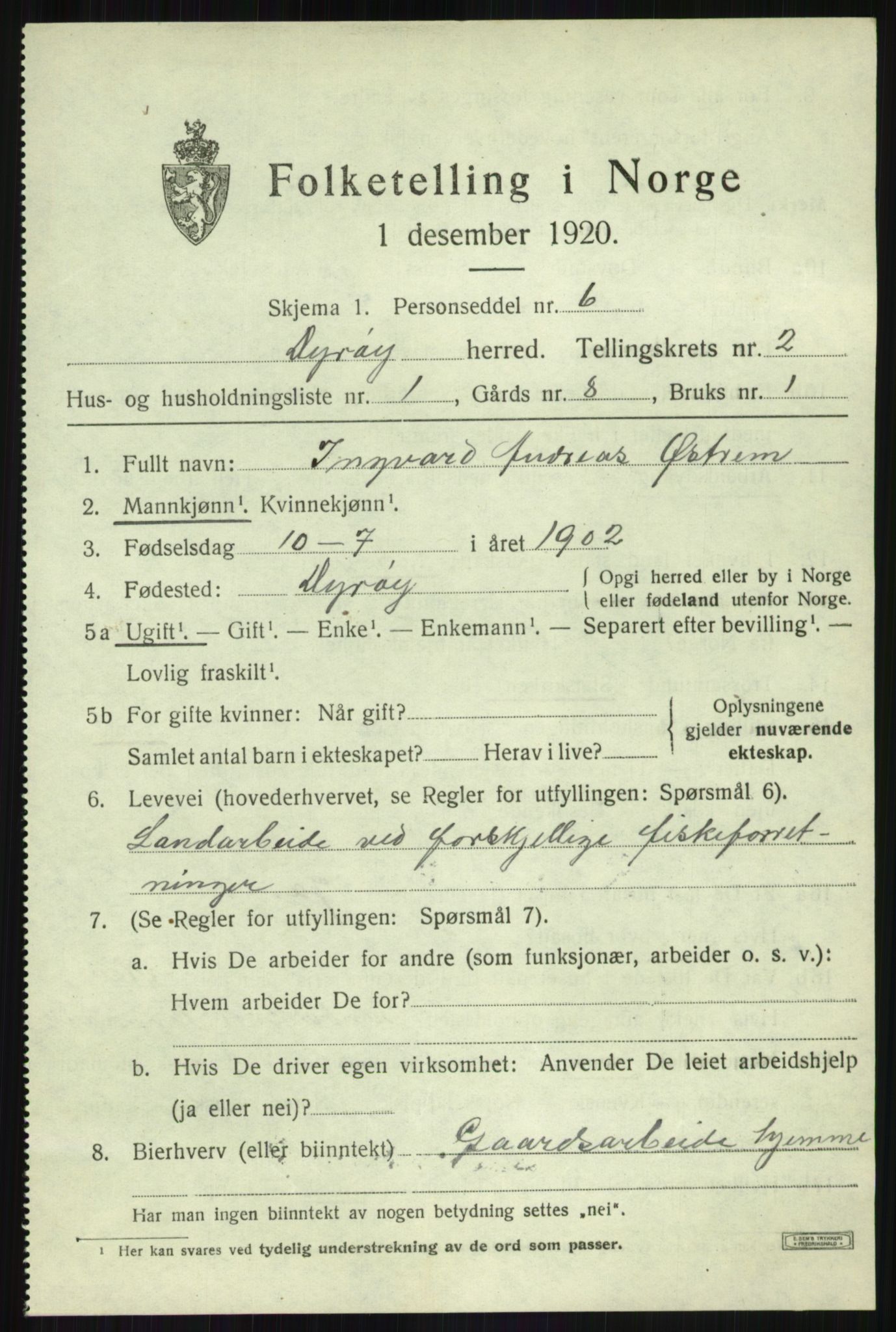 SATØ, 1920 census for Dyrøy, 1920, p. 1283