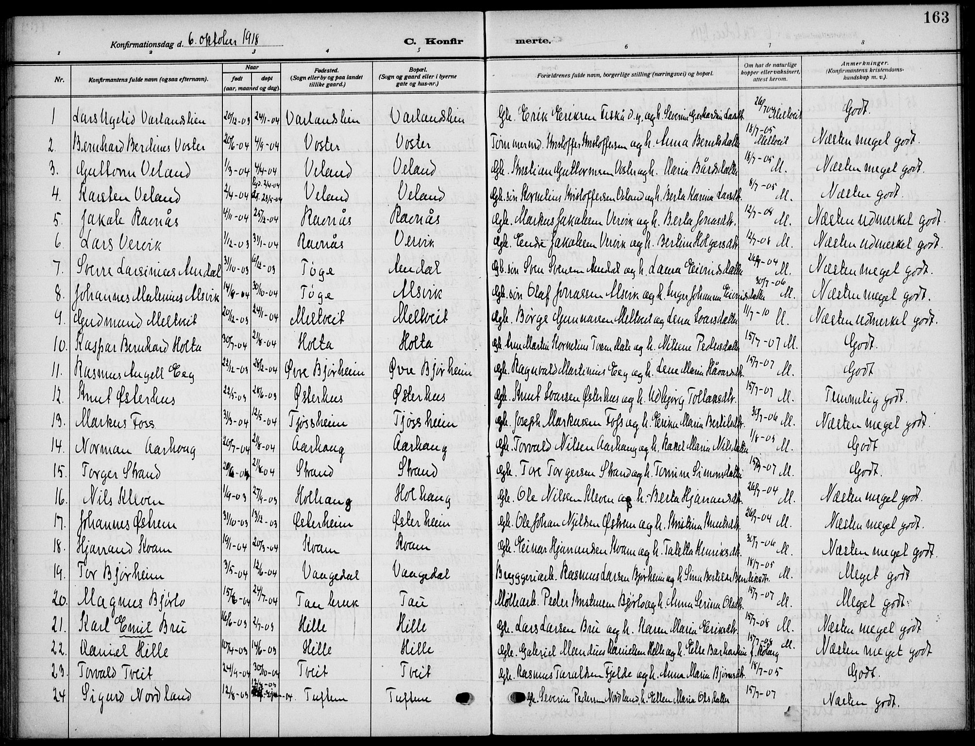 Strand sokneprestkontor, SAST/A-101828/H/Ha/Haa/L0011: Parish register (official) no. A 11, 1908-1930, p. 163