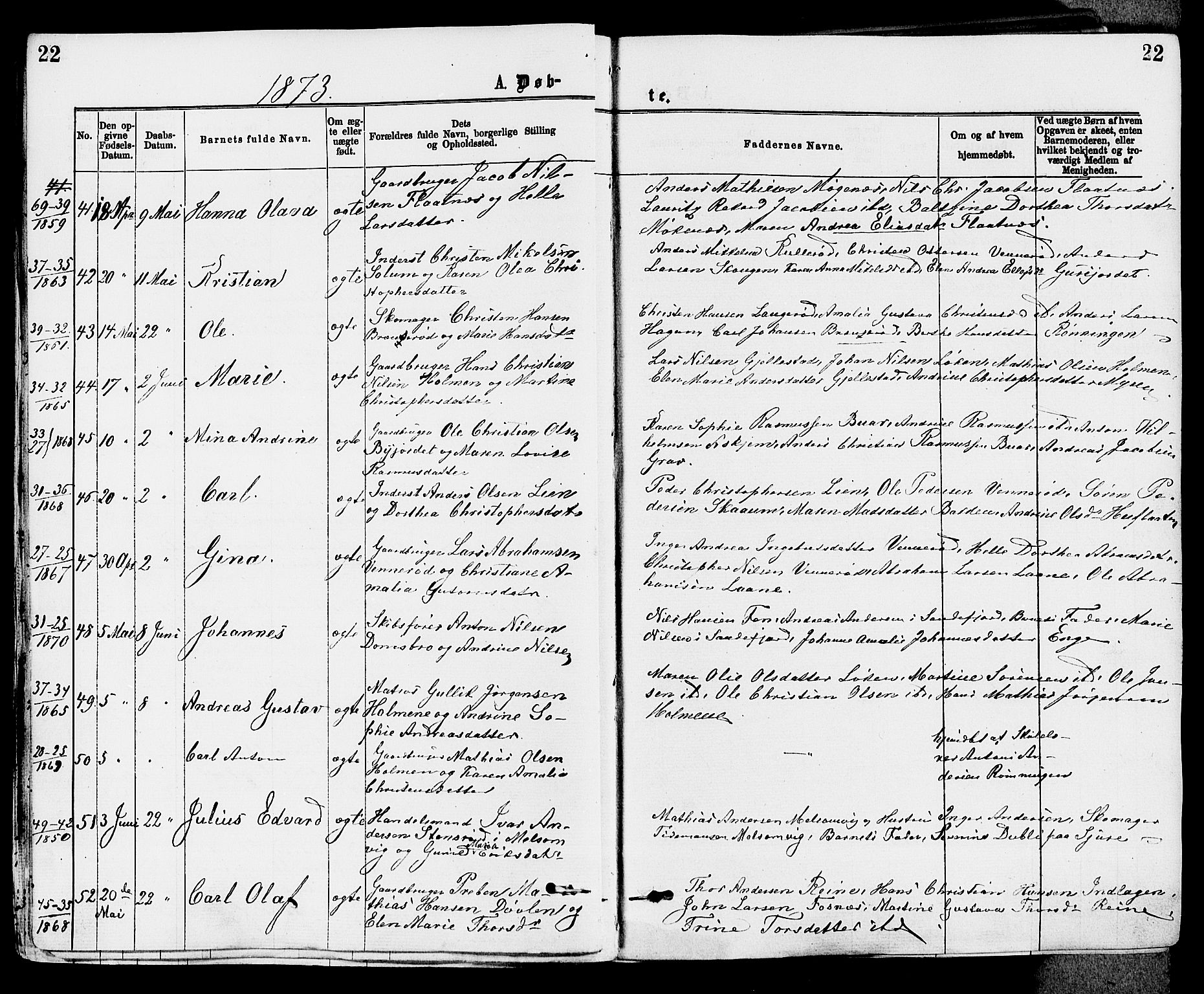 Stokke kirkebøker, AV/SAKO-A-320/F/Fa/L0009: Parish register (official) no. I 9, 1872-1883, p. 22