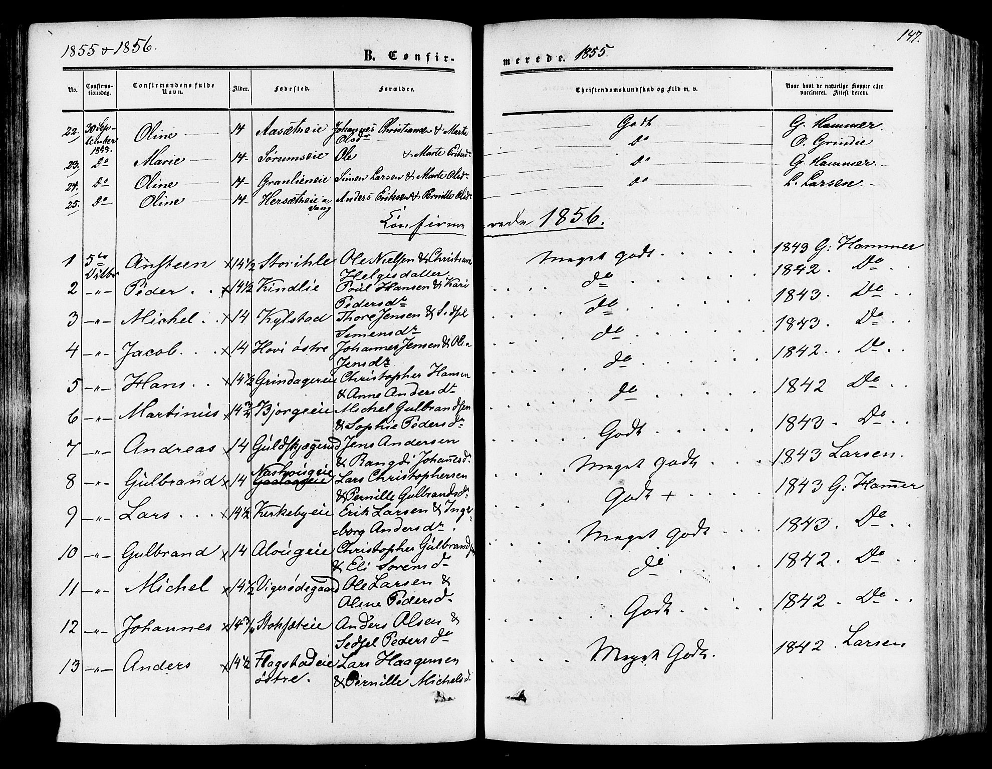 Vang prestekontor, Hedmark, SAH/PREST-008/H/Ha/Haa/L0013: Parish register (official) no. 13, 1855-1879, p. 147