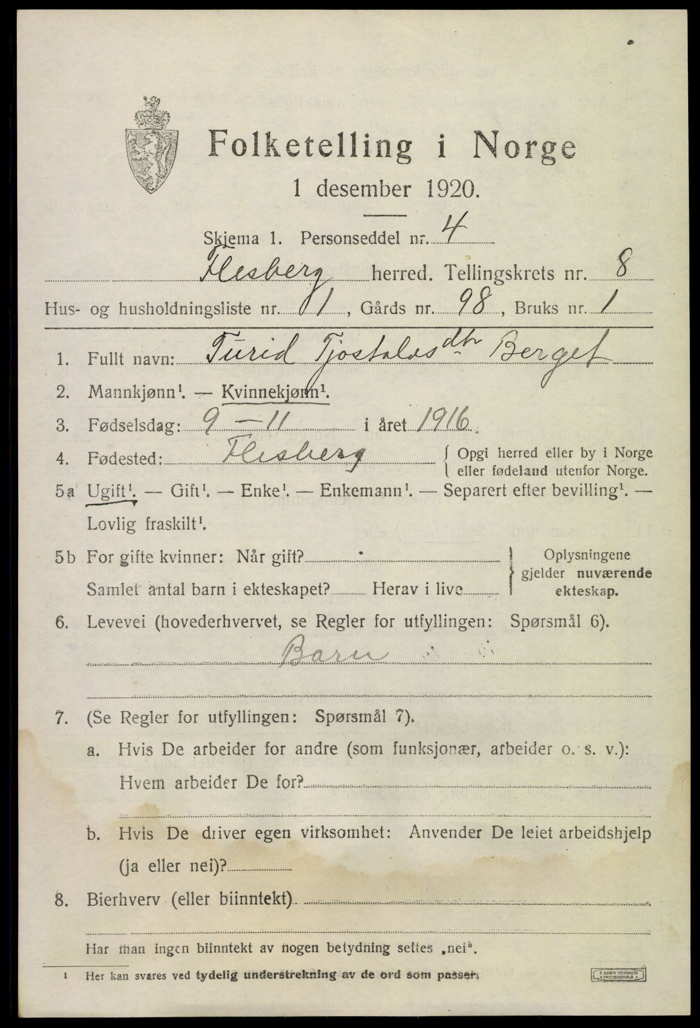 SAKO, 1920 census for Flesberg, 1920, p. 3057