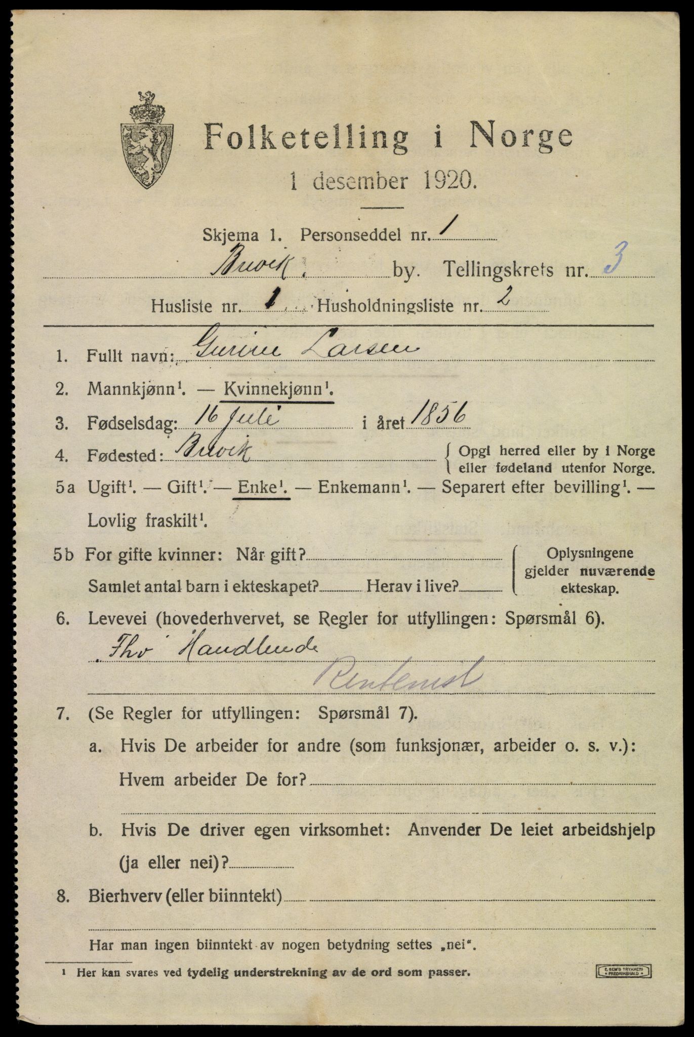 SAKO, 1920 census for Brevik, 1920, p. 4660