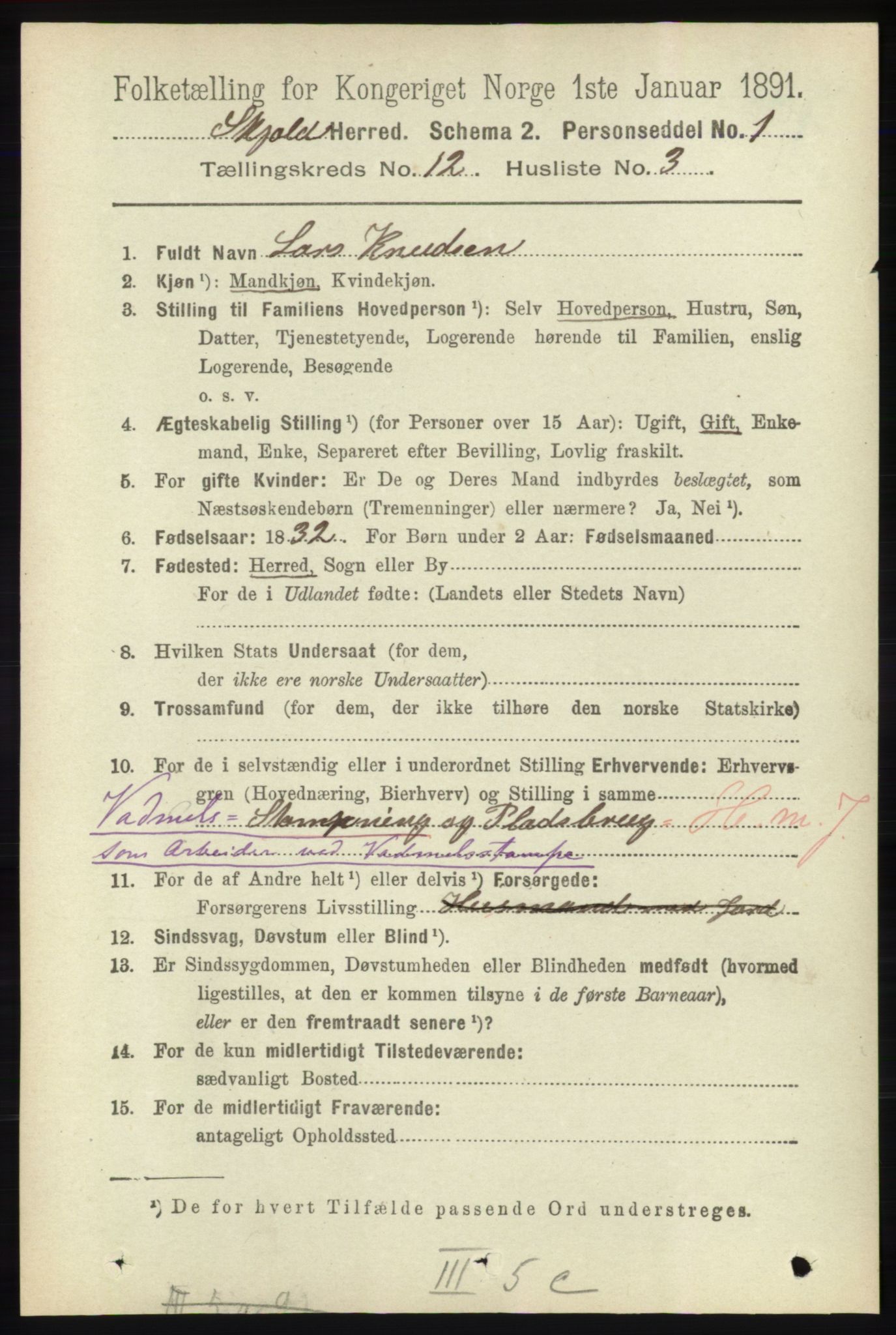 RA, 1891 census for 1154 Skjold, 1891, p. 2263