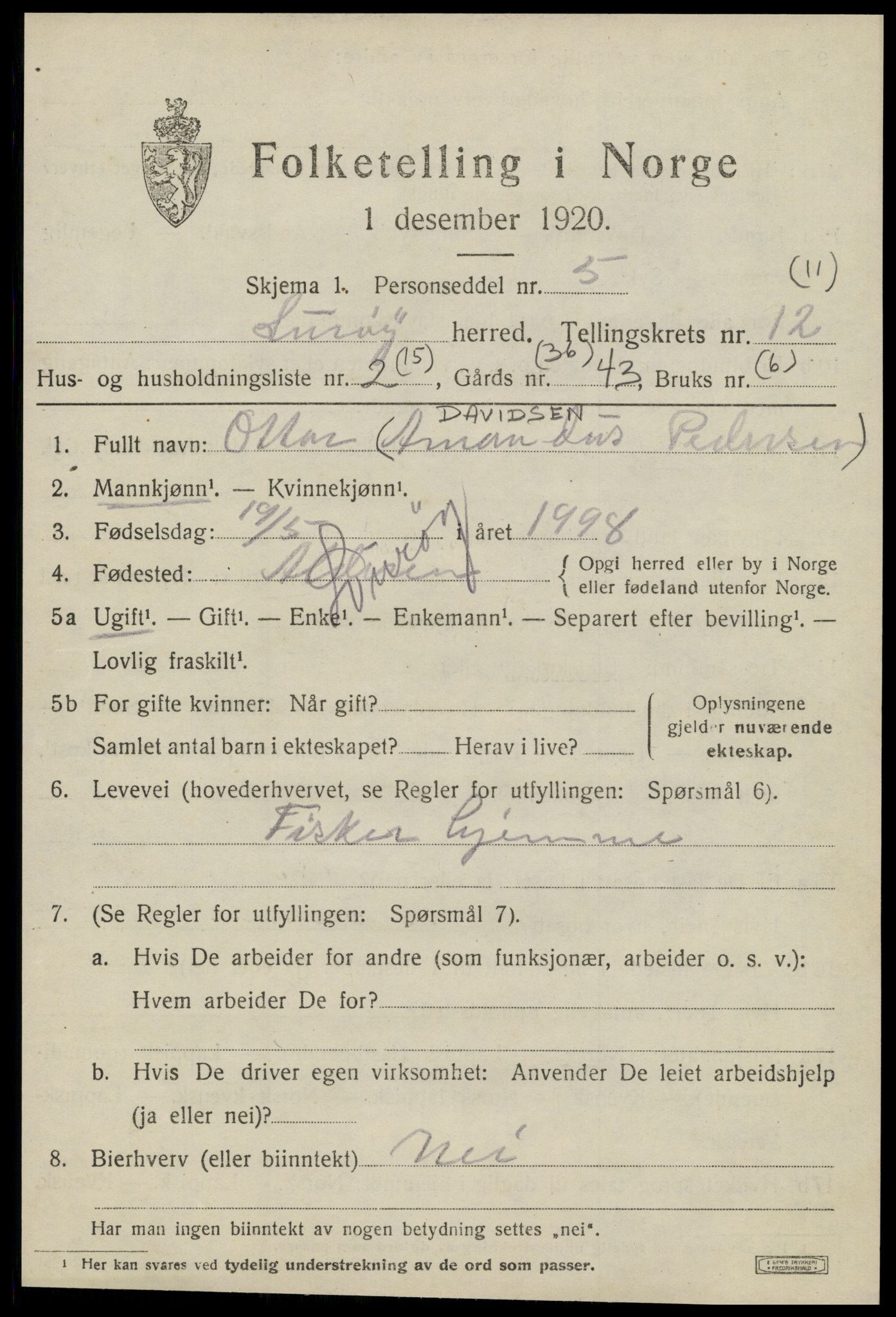 SAT, 1920 census for Lurøy, 1920, p. 4965