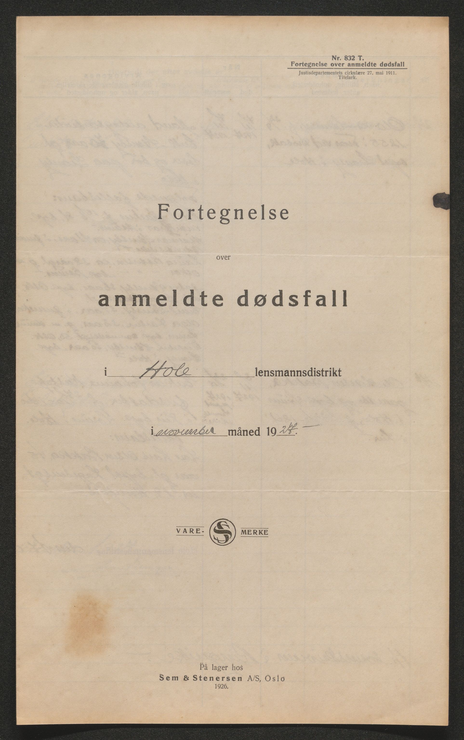 Ringerike sorenskriveri, AV/SAKO-A-105/H/Ha/Hab/L0021: Dødsfallslister Hole, 1926-1932