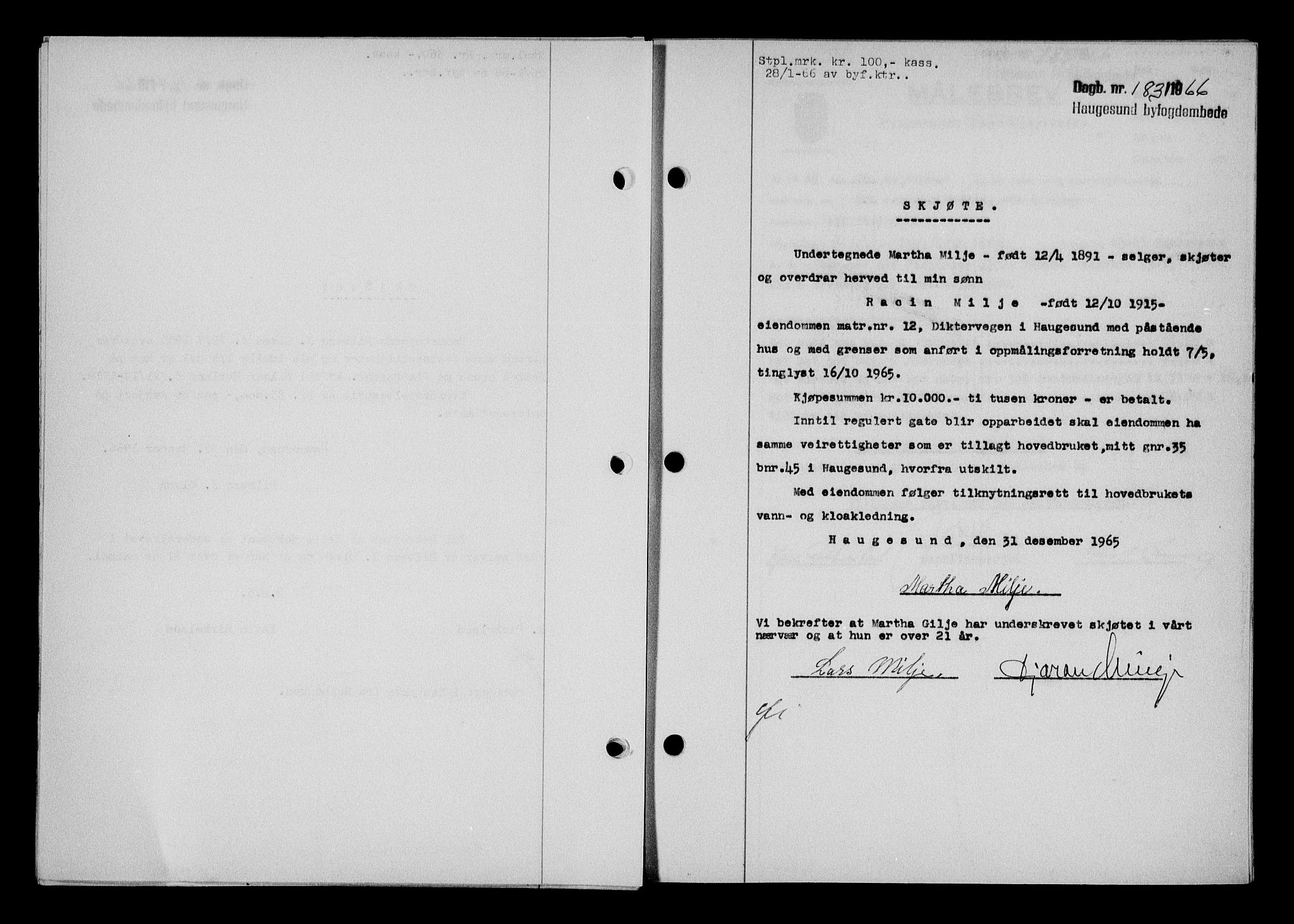 Haugesund tingrett, AV/SAST-A-101415/01/II/IIC/L0076: Mortgage book no. A 17, 1965-1966, Diary no: : 183/1966