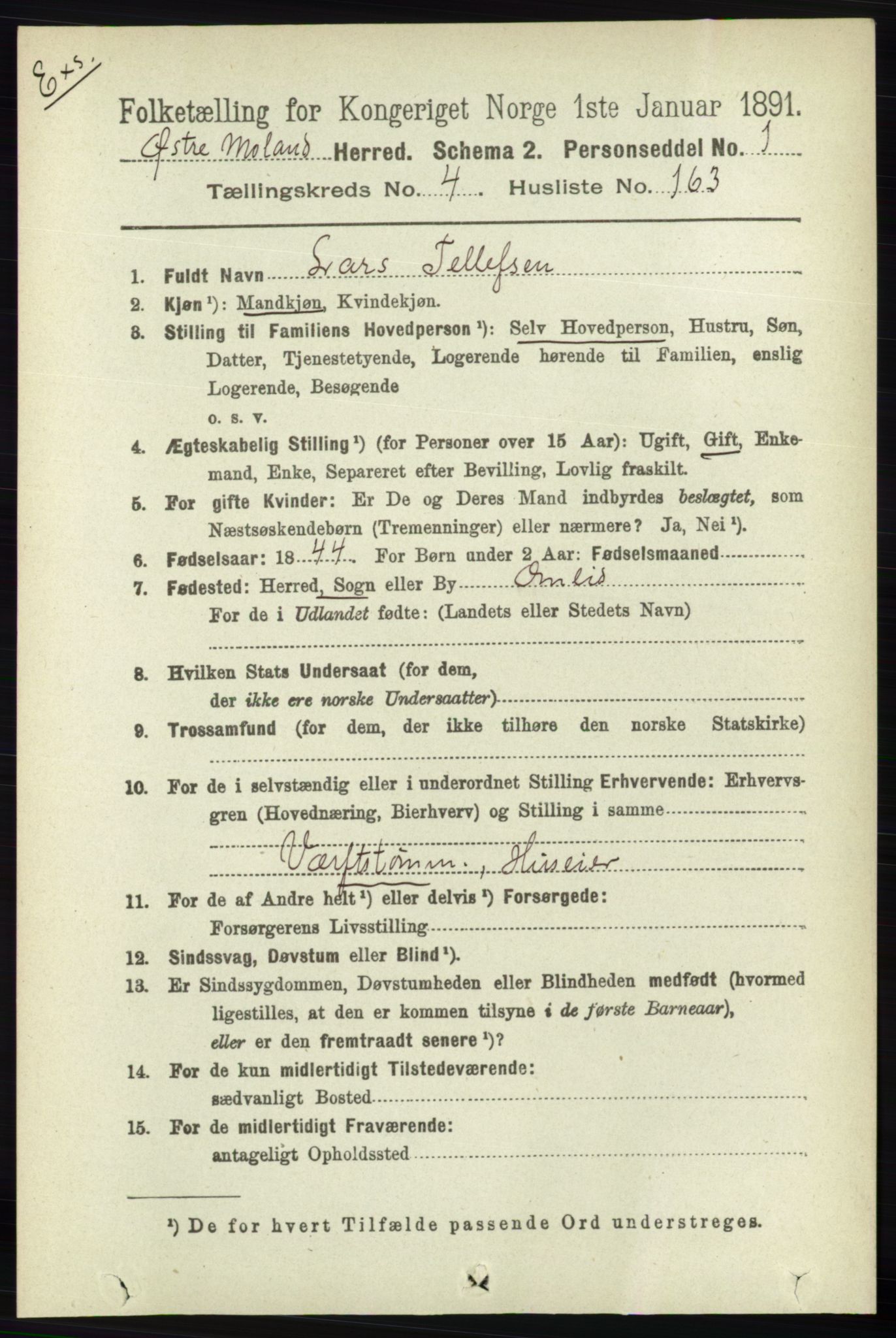 RA, Census 1891 for Nedenes amt: Gjenparter av personsedler for beslektede ektefeller, menn, 1891, p. 499