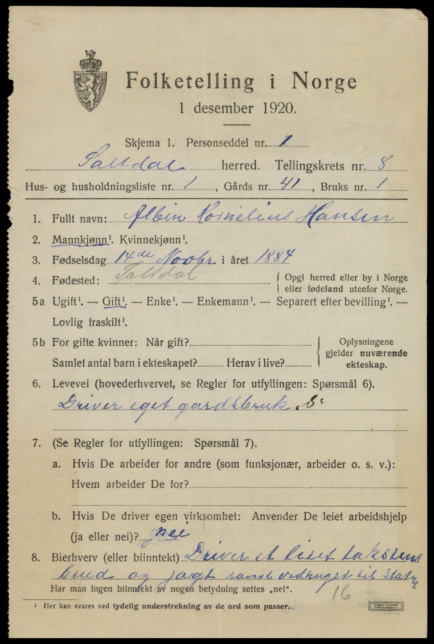 SAT, 1920 census for Saltdal, 1920, p. 8513