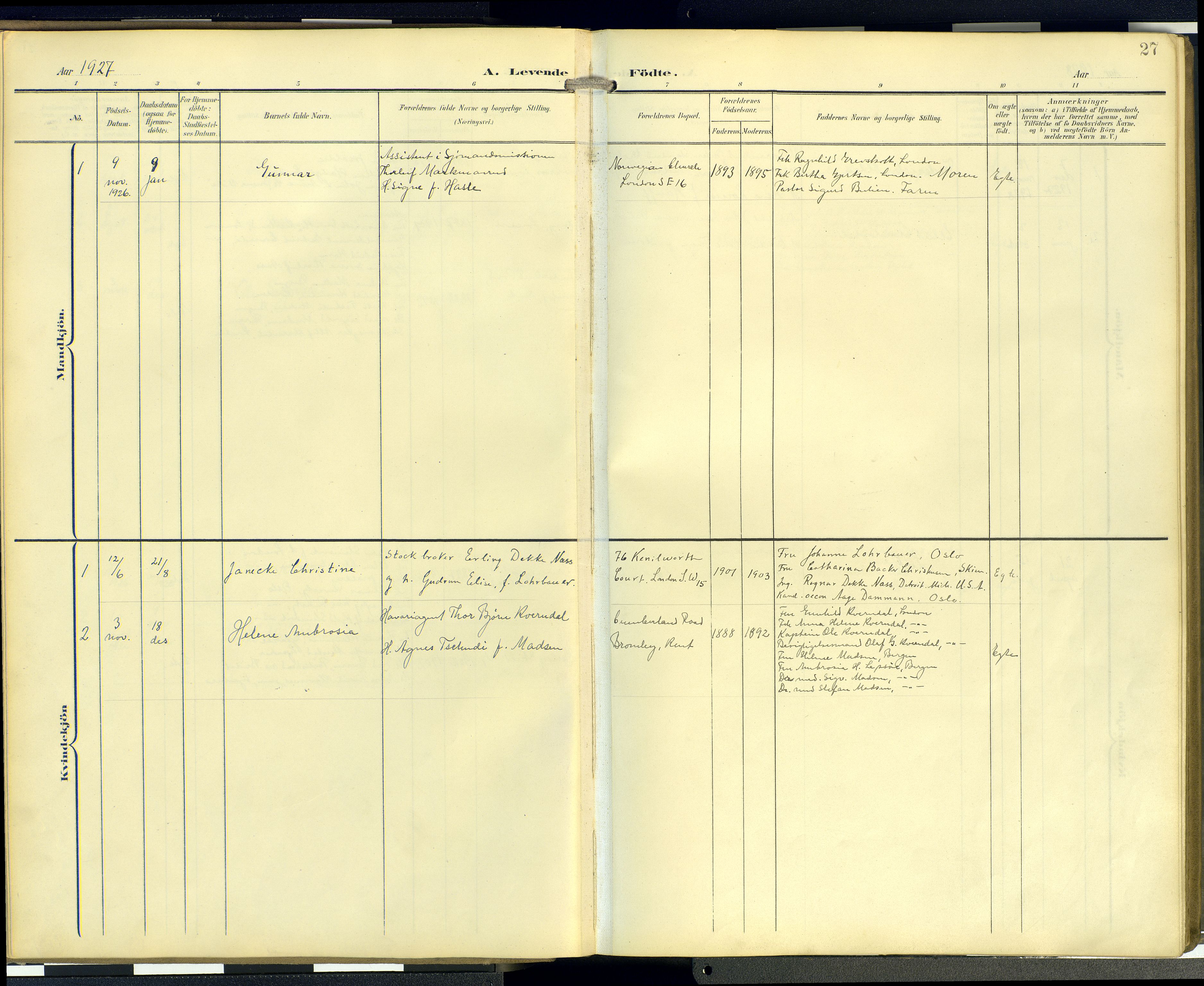  Den norske sjømannsmisjon i utlandet/London m/bistasjoner, SAB/SAB/PA-0103/H/Ha/L0003: Parish register (official) no. A 3, 1903-1934, p. 26b-27a