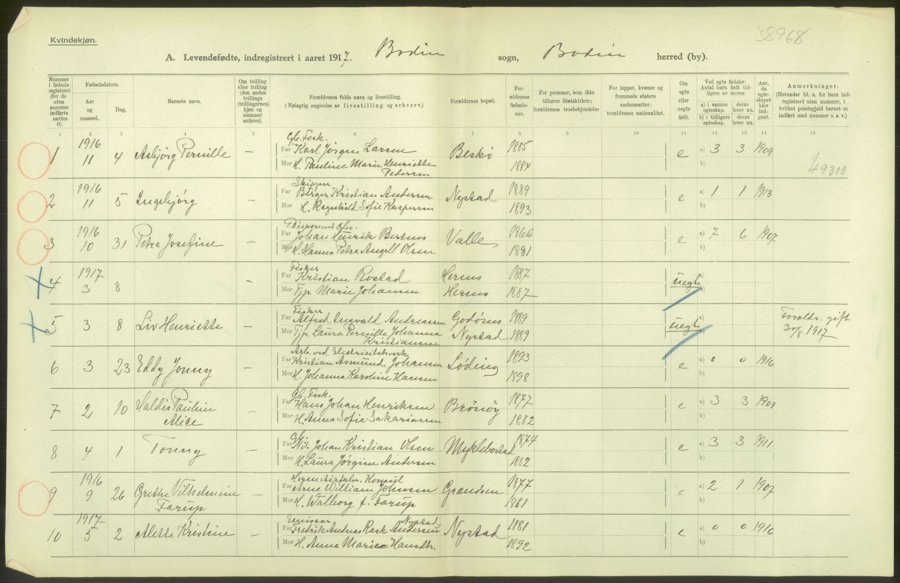 Statistisk sentralbyrå, Sosiodemografiske emner, Befolkning, AV/RA-S-2228/D/Df/Dfb/Dfbg/L0050: Nordlands amt: Levendefødte menn og kvinner. Bygder., 1917, p. 200