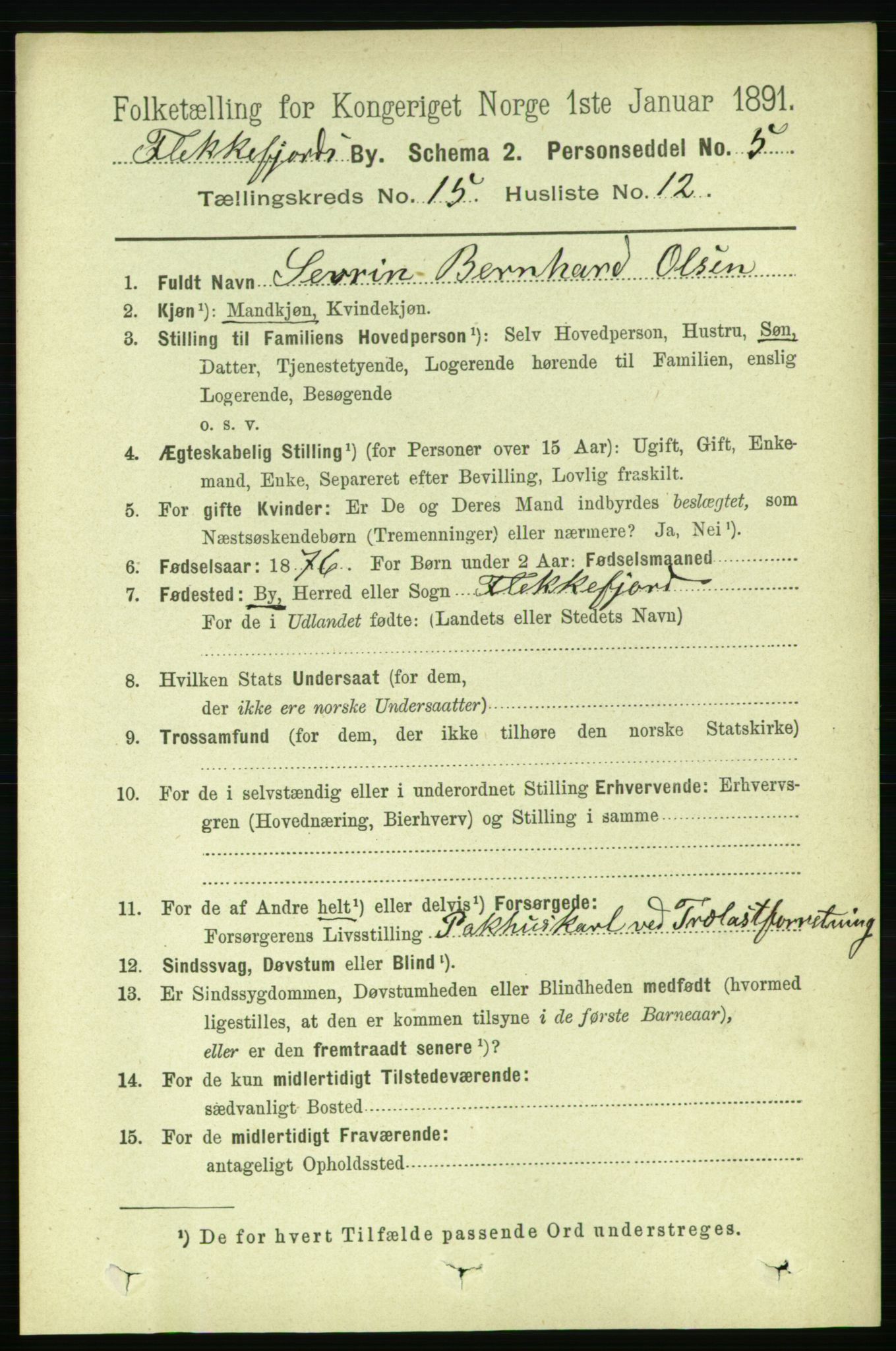 RA, 1891 census for 1004 Flekkefjord, 1891, p. 1997