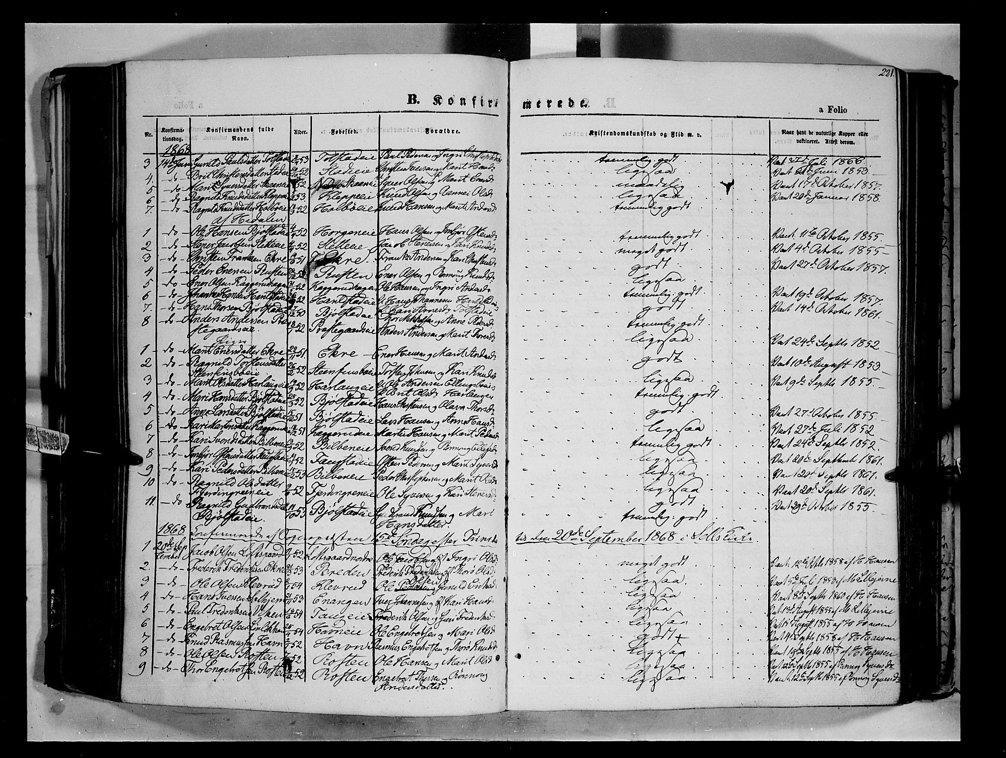 Vågå prestekontor, SAH/PREST-076/H/Ha/Haa/L0006: Parish register (official) no. 6 /1, 1856-1872, p. 221