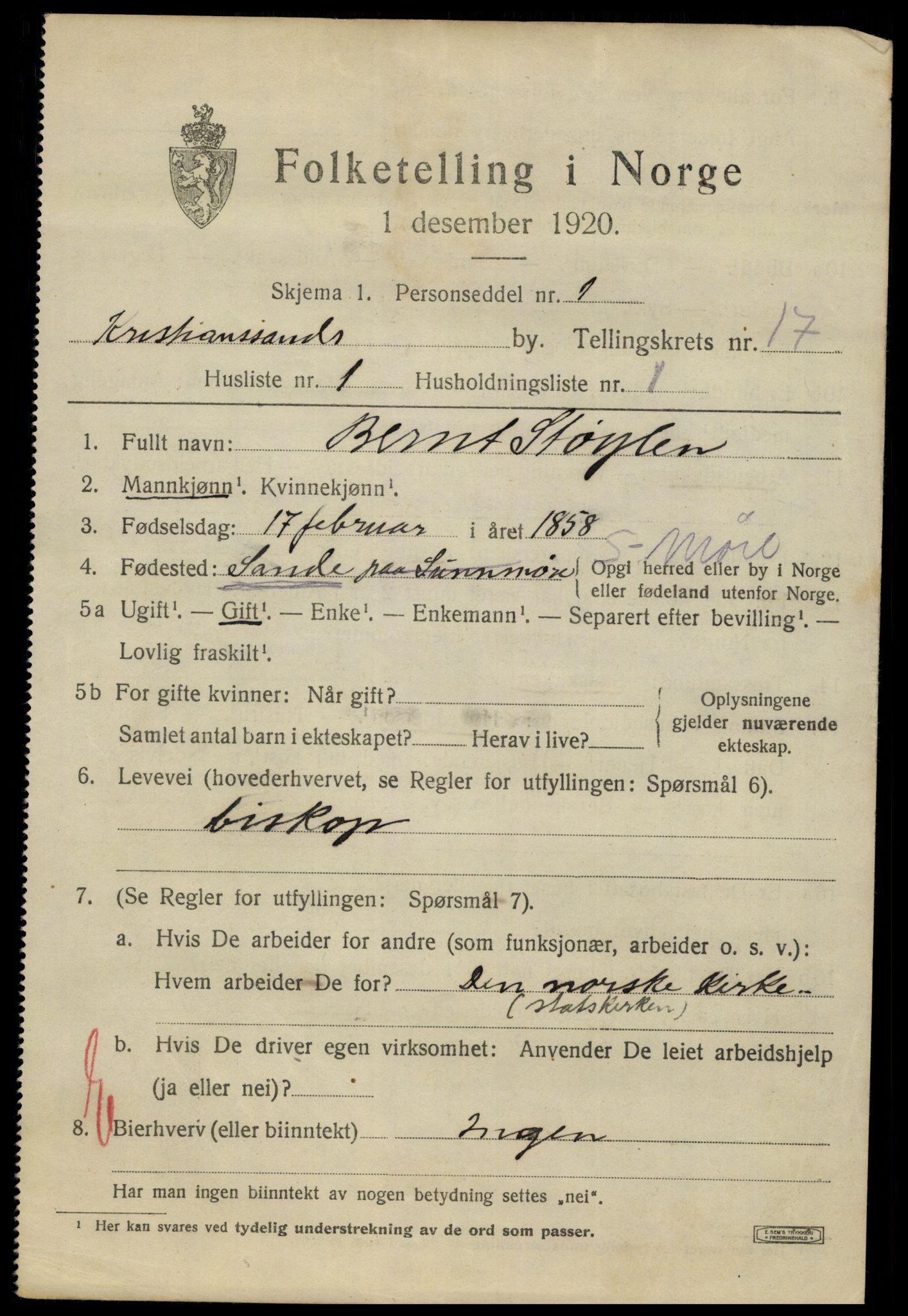 SAK, 1920 census for Kristiansand, 1920, p. 32385