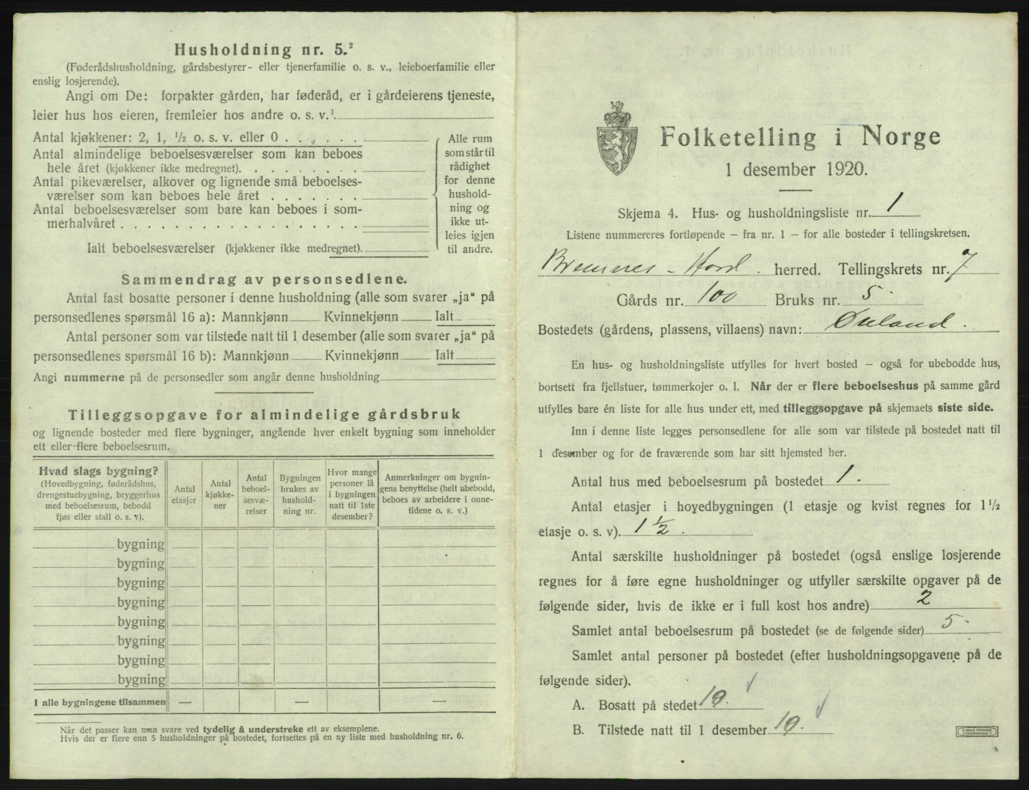 SAB, 1920 census for Bremnes, 1920, p. 481