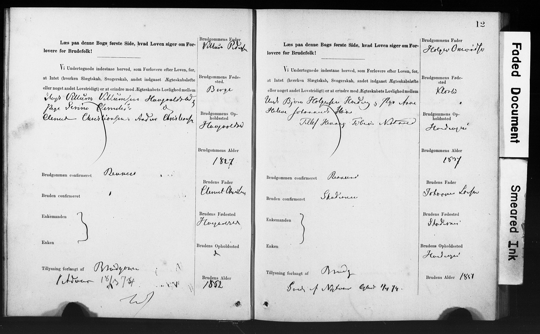 Rennesøy sokneprestkontor, SAST/A -101827/I/Ie/L0001: Banns register no. 1, 1873-1898, p. 12