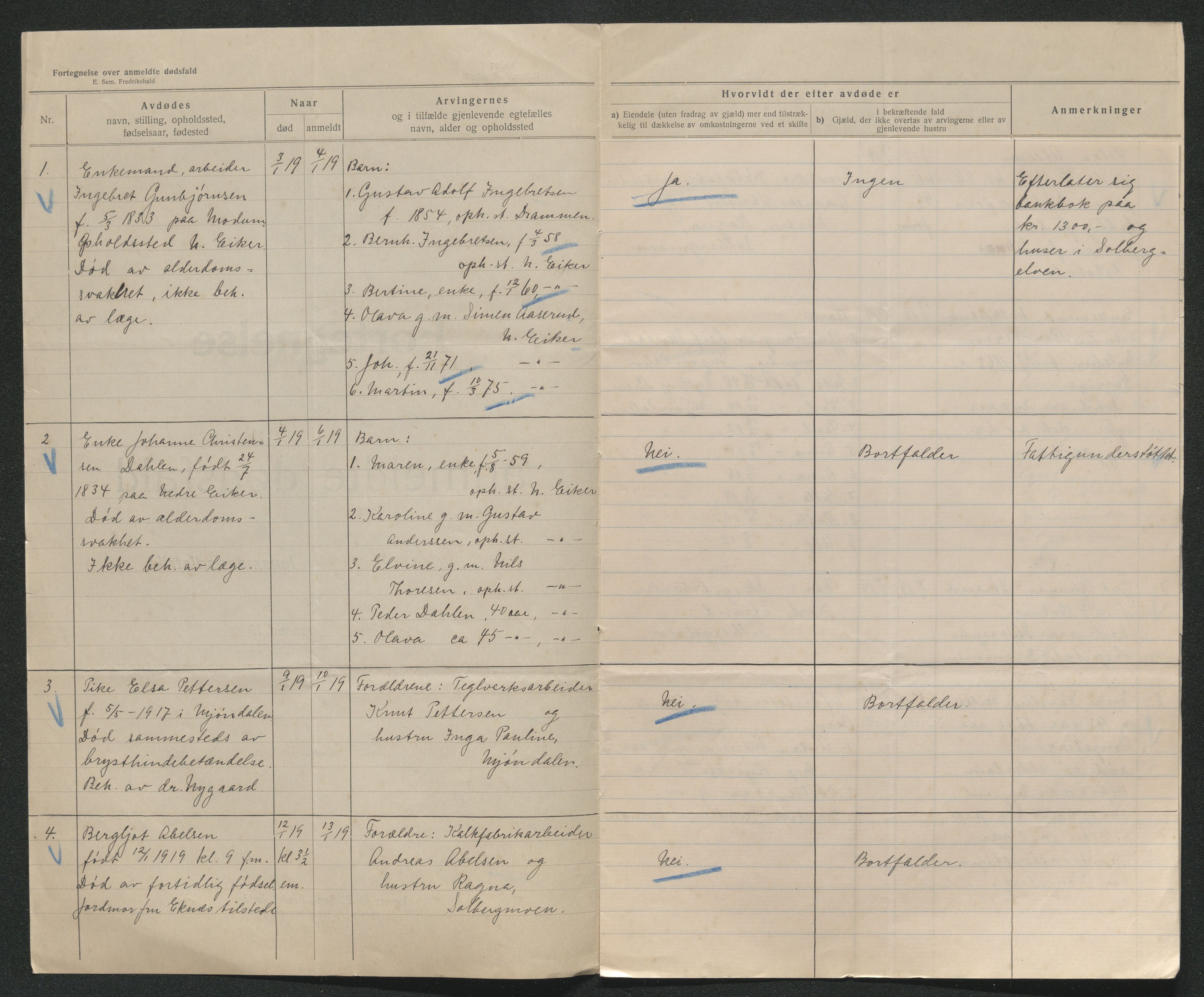 Eiker, Modum og Sigdal sorenskriveri, AV/SAKO-A-123/H/Ha/Hab/L0039: Dødsfallsmeldinger, 1918-1919, p. 1247