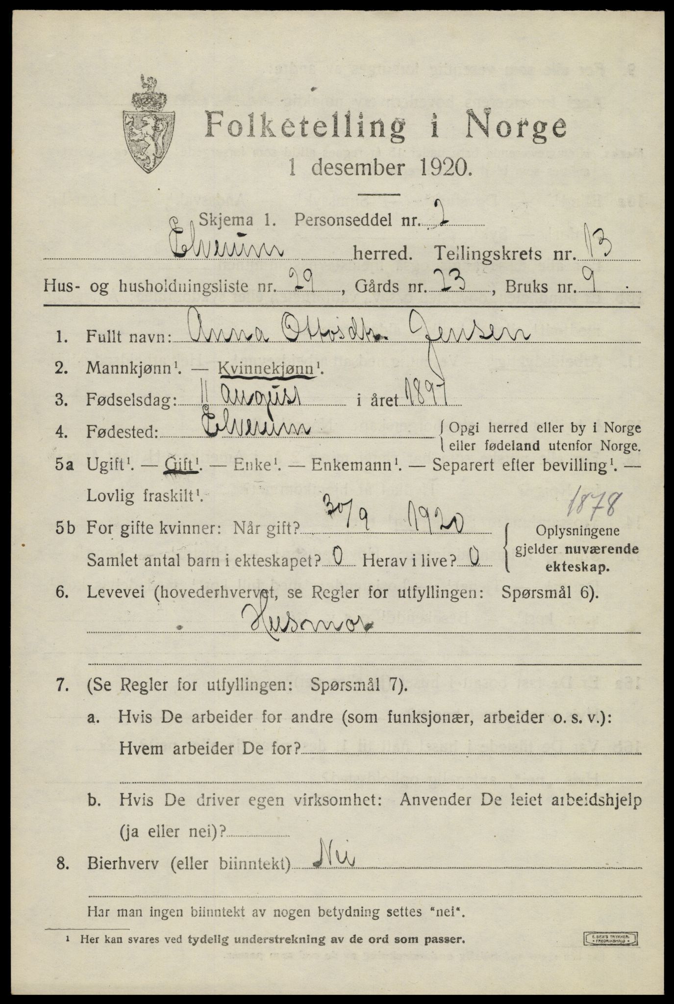 SAH, 1920 census for Elverum, 1920, p. 17702