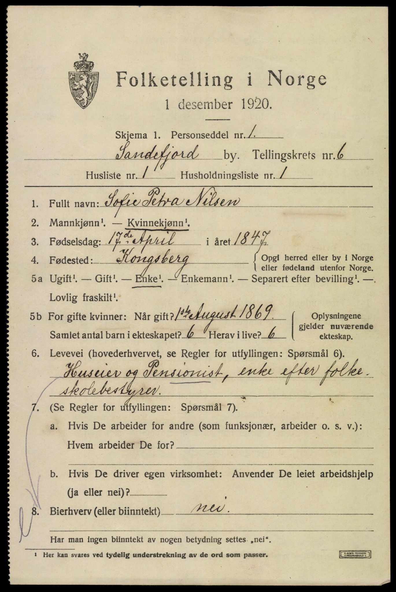 SAKO, 1920 census for Sandefjord, 1920, p. 9438