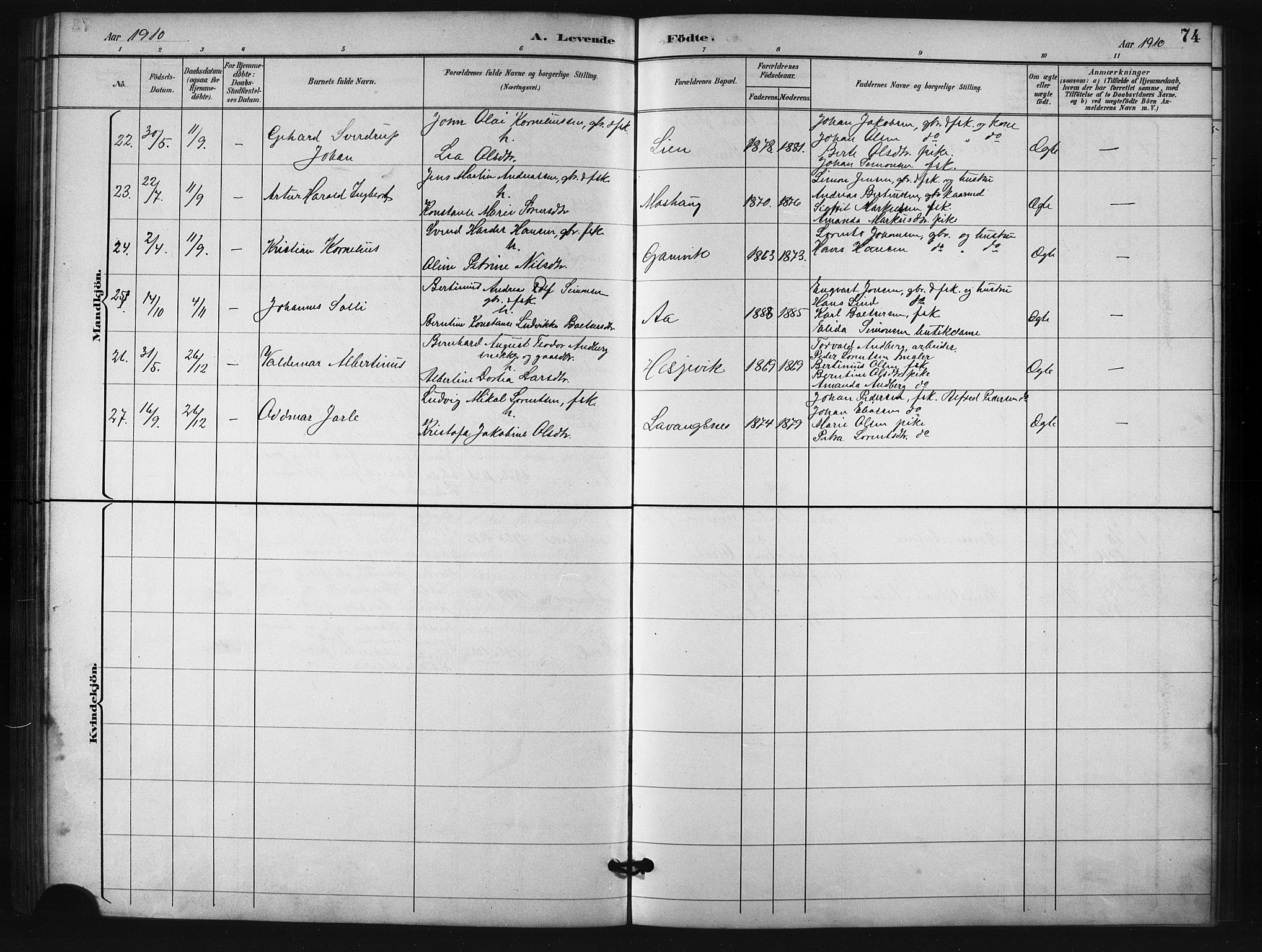 Salangen sokneprestembete, SATØ/S-1324/H/Ha/L0001klokker: Parish register (copy) no. 1, 1893-1910, p. 74