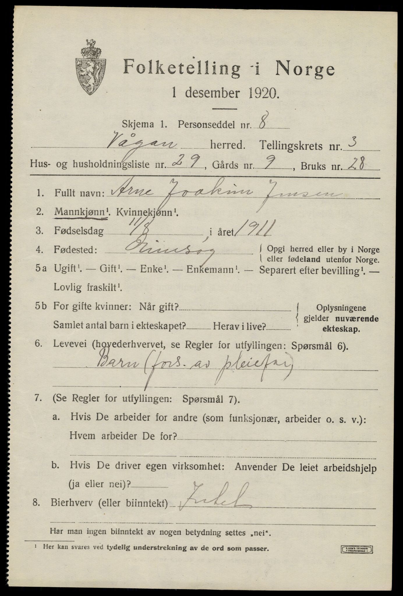 SAT, 1920 census for Vågan, 1920, p. 2941