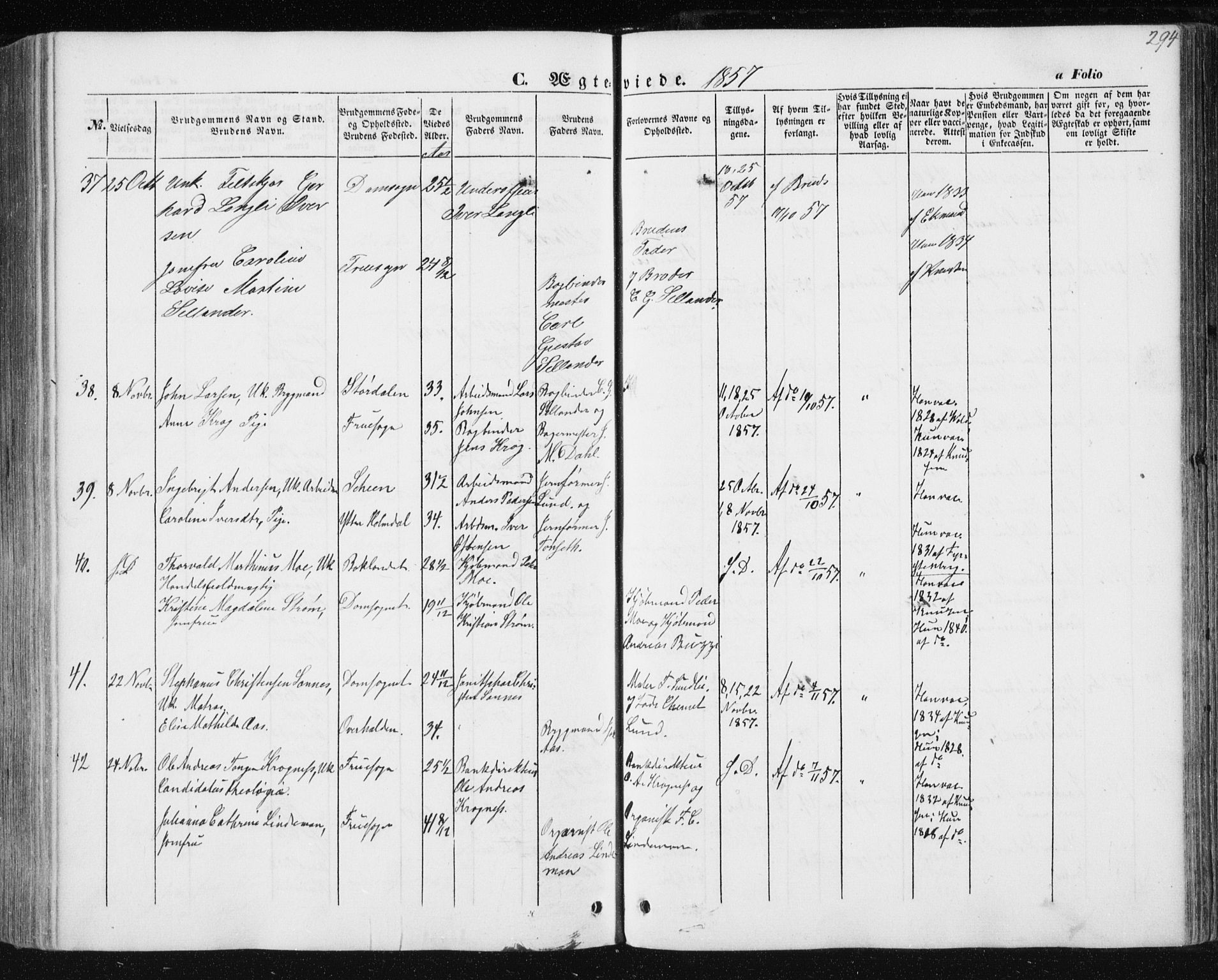 Ministerialprotokoller, klokkerbøker og fødselsregistre - Sør-Trøndelag, SAT/A-1456/602/L0112: Parish register (official) no. 602A10, 1848-1859, p. 294