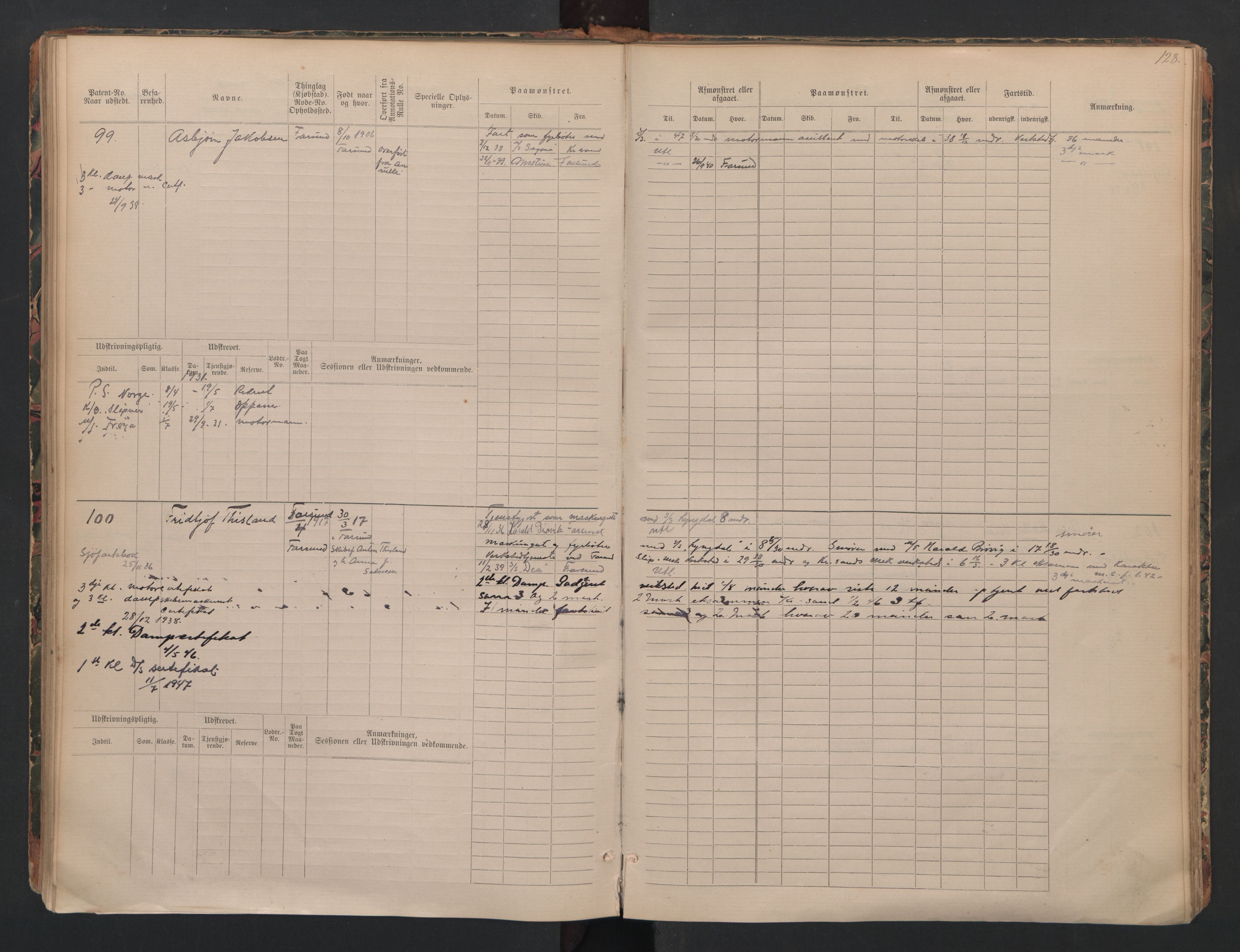 Farsund mønstringskrets, AV/SAK-2031-0017/F/Fb/L0024: Hovedrulle B nr 1-192 med register, annotasjonsrulle B nr 1-2, Z-16, 1884-1945, p. 84