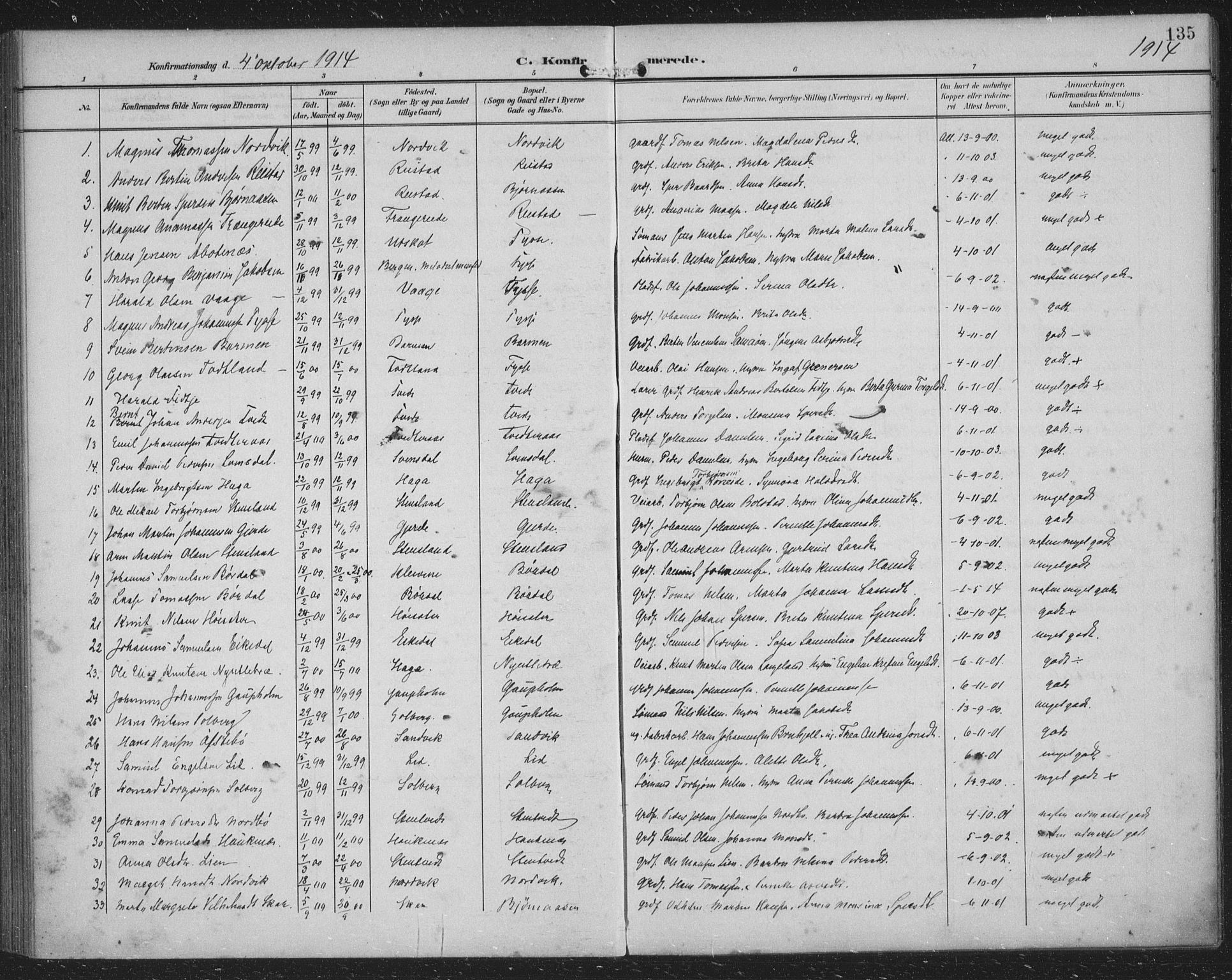 Samnanger Sokneprestembete, AV/SAB-A-77501/H/Haa: Parish register (official) no. A 2, 1902-1918, p. 135