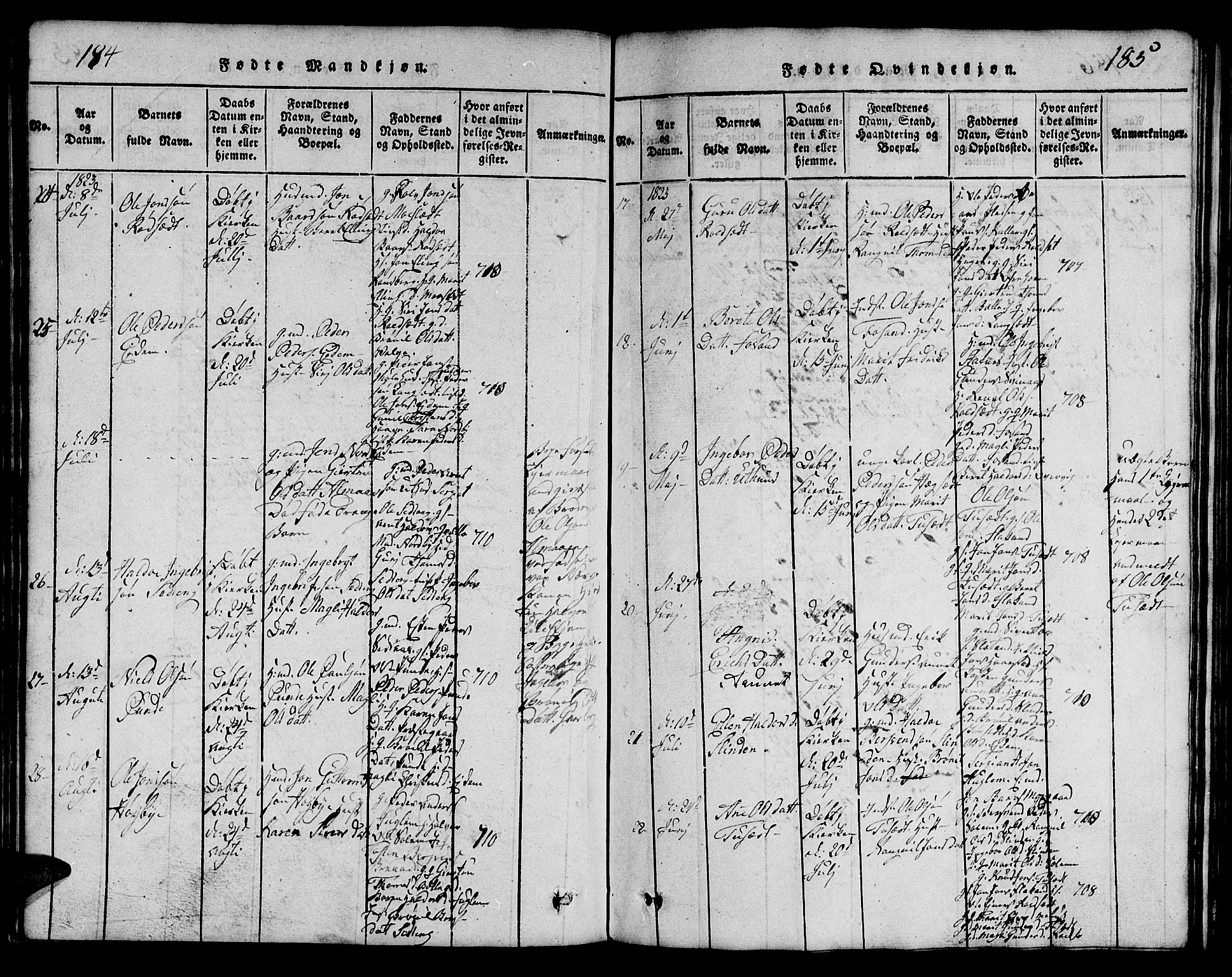 Ministerialprotokoller, klokkerbøker og fødselsregistre - Sør-Trøndelag, AV/SAT-A-1456/695/L1152: Parish register (copy) no. 695C03, 1816-1831, p. 184-185