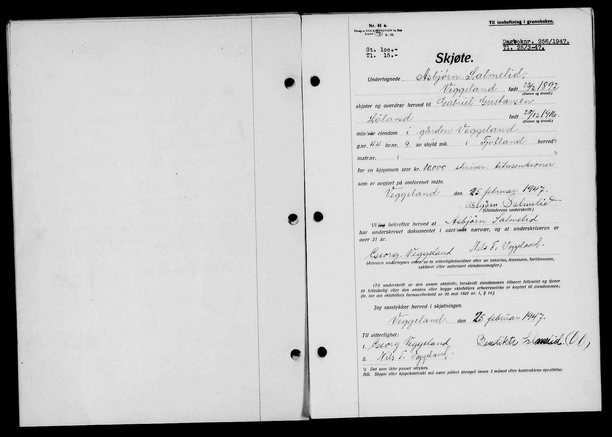 Flekkefjord sorenskriveri, SAK/1221-0001/G/Gb/Gba/L0061: Mortgage book no. A-9, 1946-1947, Diary no: : 256/1947