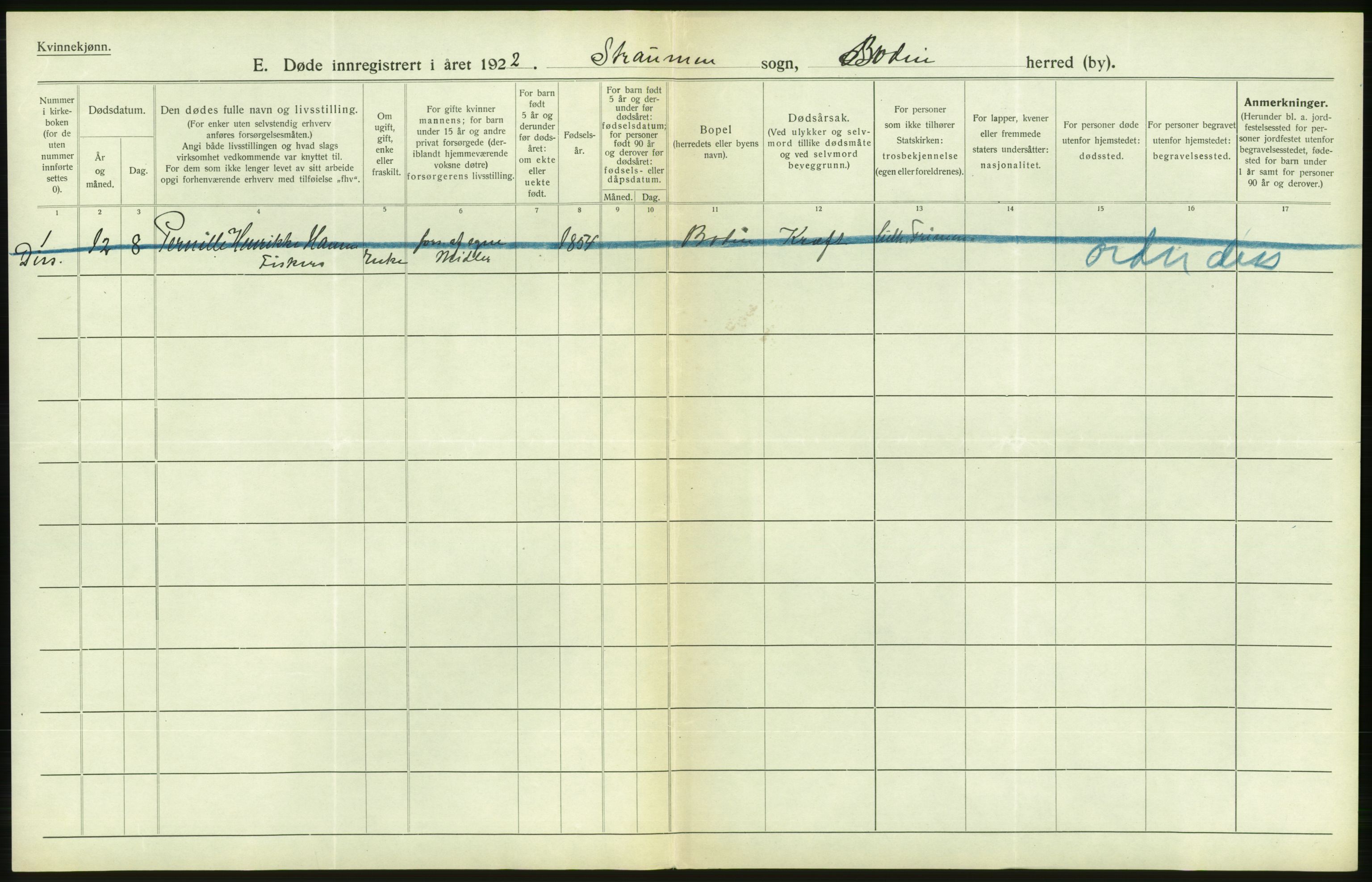 Statistisk sentralbyrå, Sosiodemografiske emner, Befolkning, RA/S-2228/D/Df/Dfc/Dfcb/L0046: Nordland fylke: Døde. Bygder og byer., 1922, p. 420