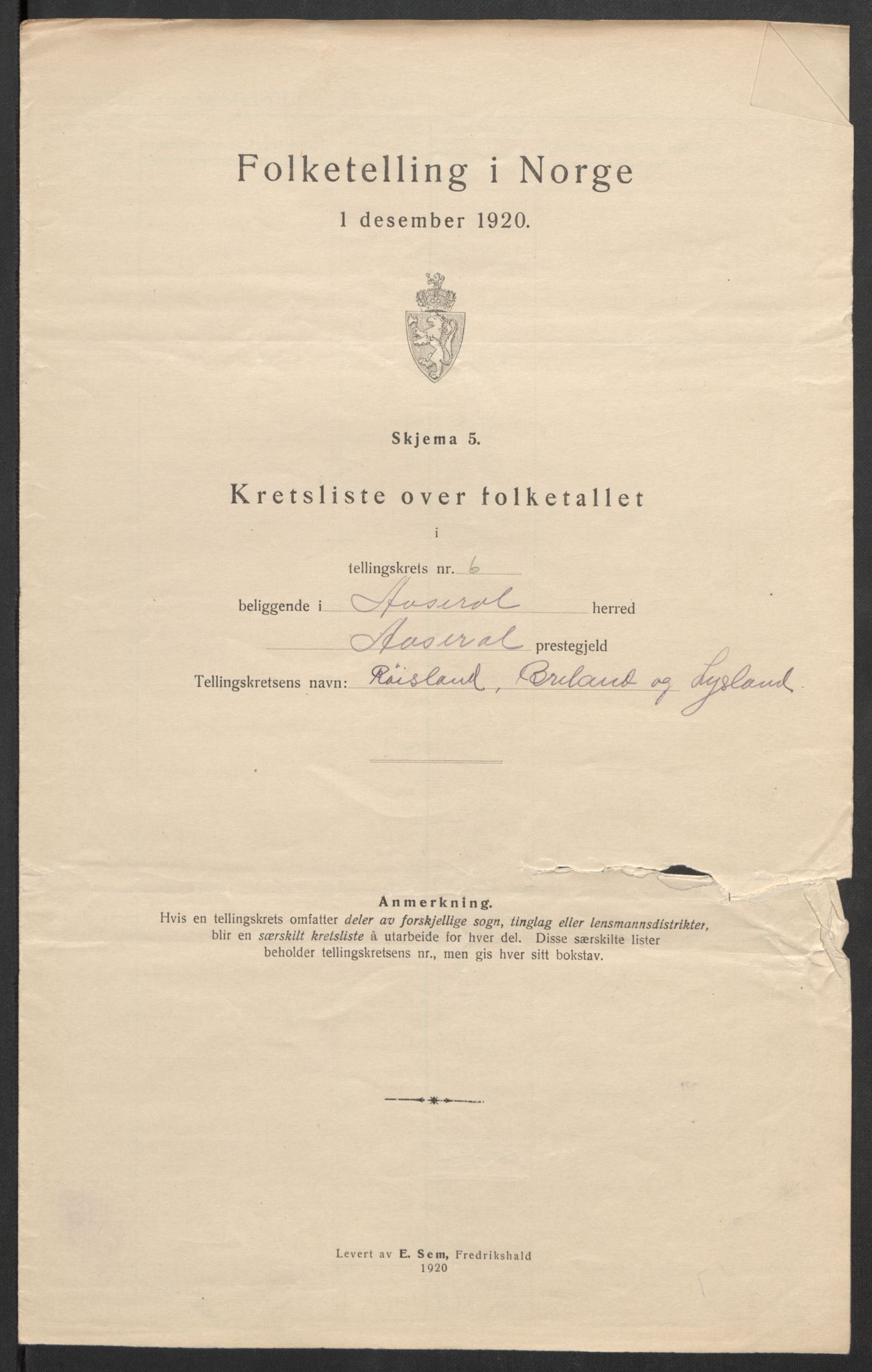 SAK, 1920 census for Åseral, 1920, p. 26