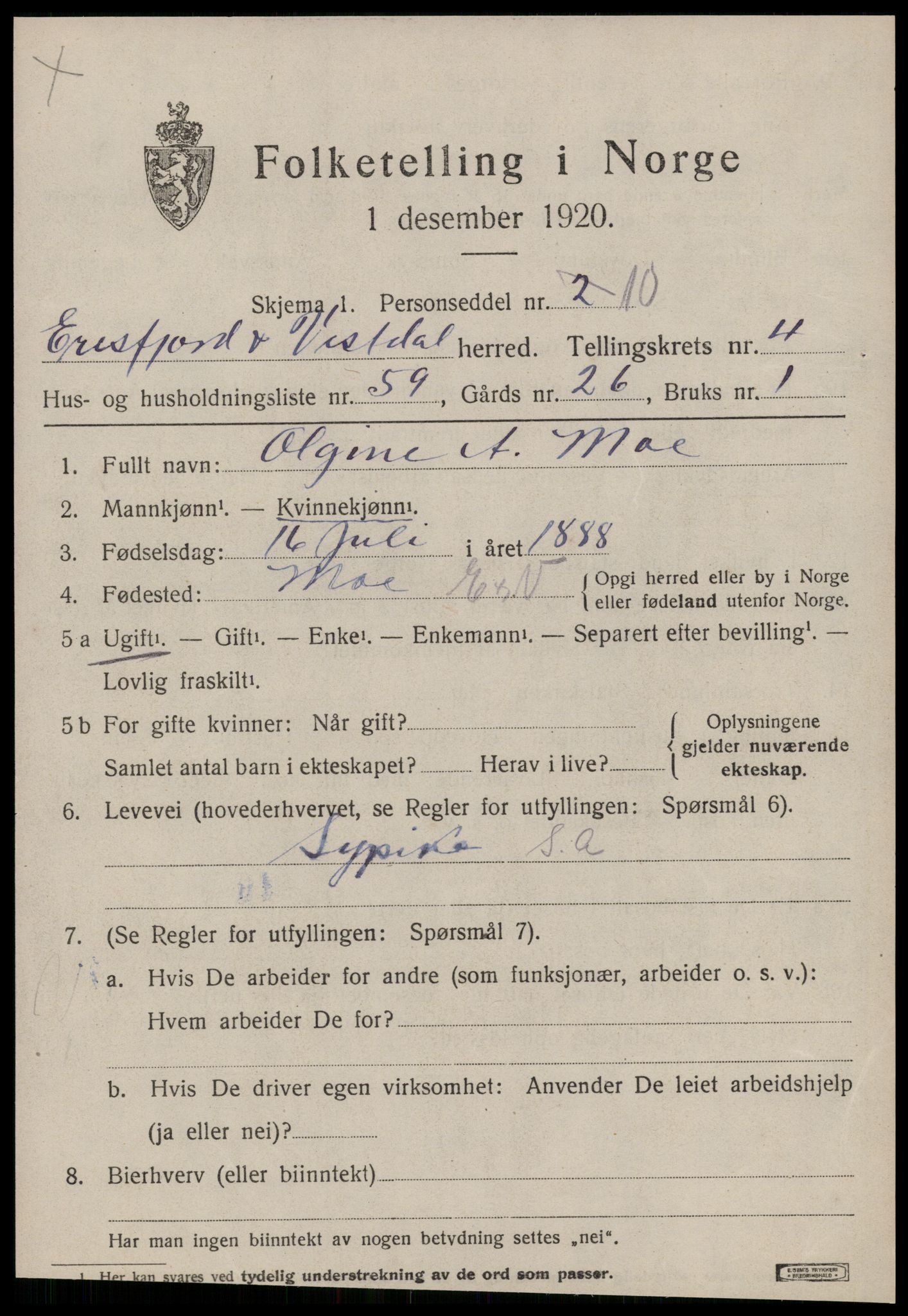 SAT, 1920 census for Eresfjord og Vistdal, 1920, p. 2511