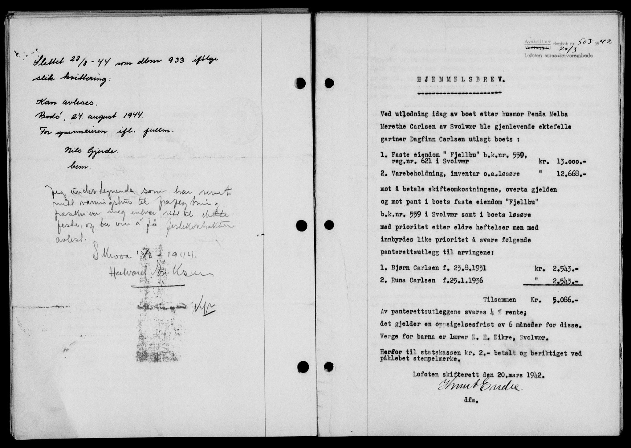 Lofoten sorenskriveri, SAT/A-0017/1/2/2C/L0009a: Mortgage book no. 9a, 1941-1942, Diary no: : 503/1942