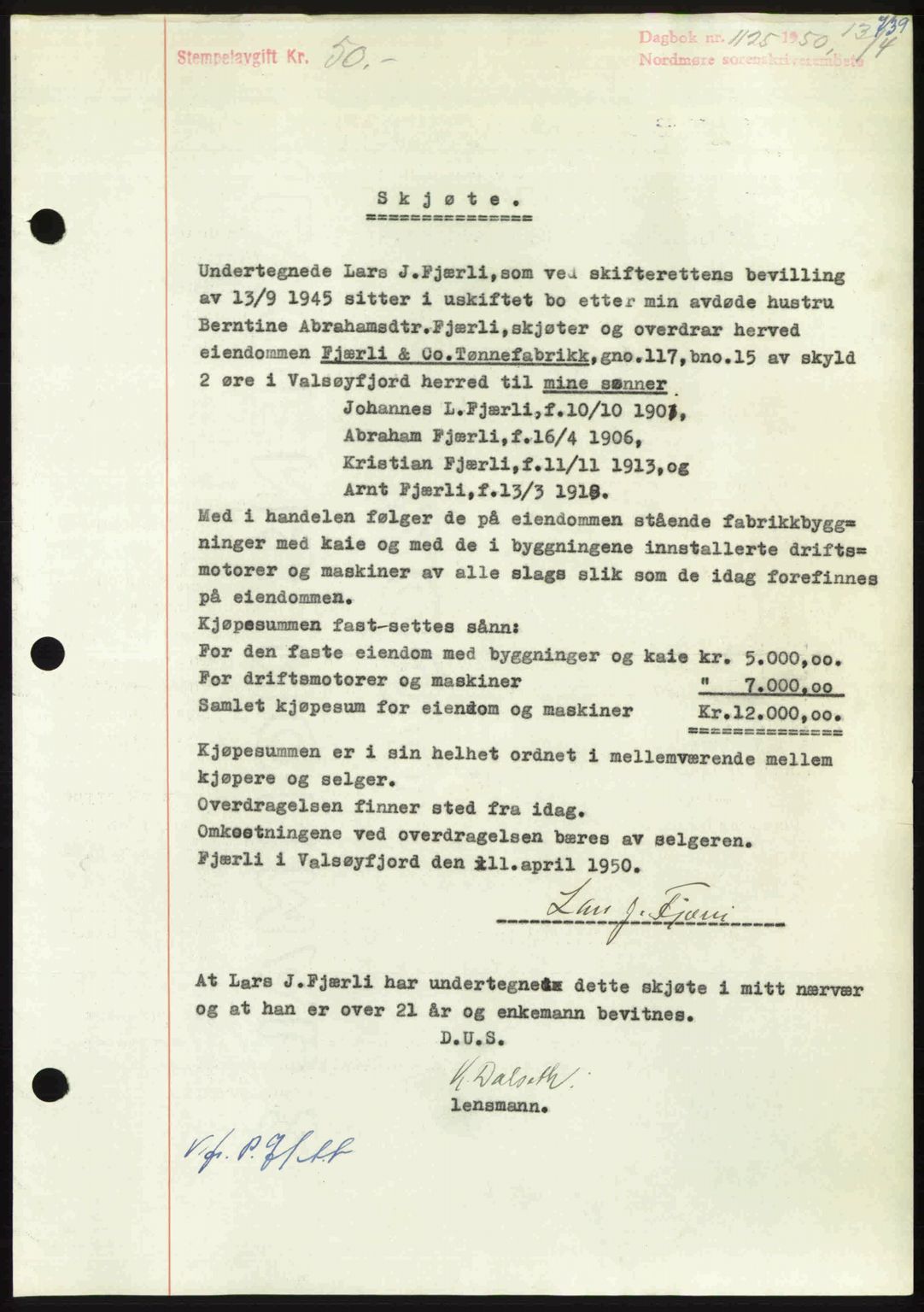 Nordmøre sorenskriveri, AV/SAT-A-4132/1/2/2Ca: Mortgage book no. A114, 1950-1950, Diary no: : 1125/1950