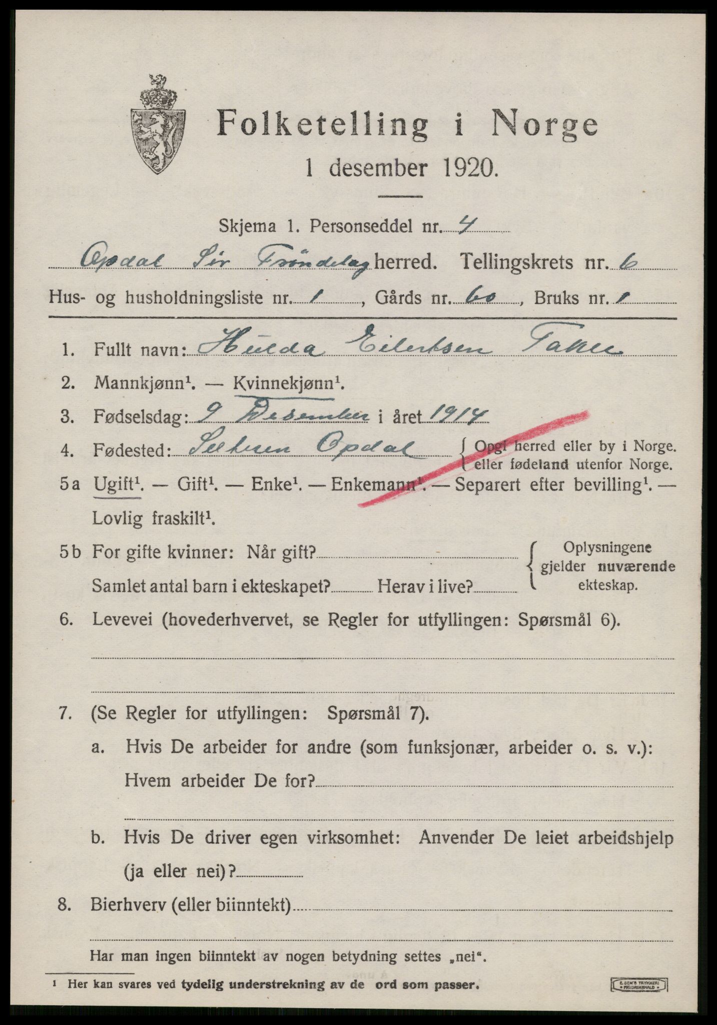 SAT, 1920 census for Oppdal, 1920, p. 5327
