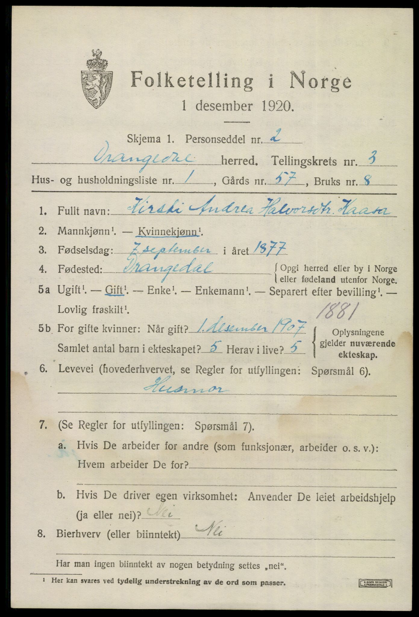 SAKO, 1920 census for Drangedal, 1920, p. 2571