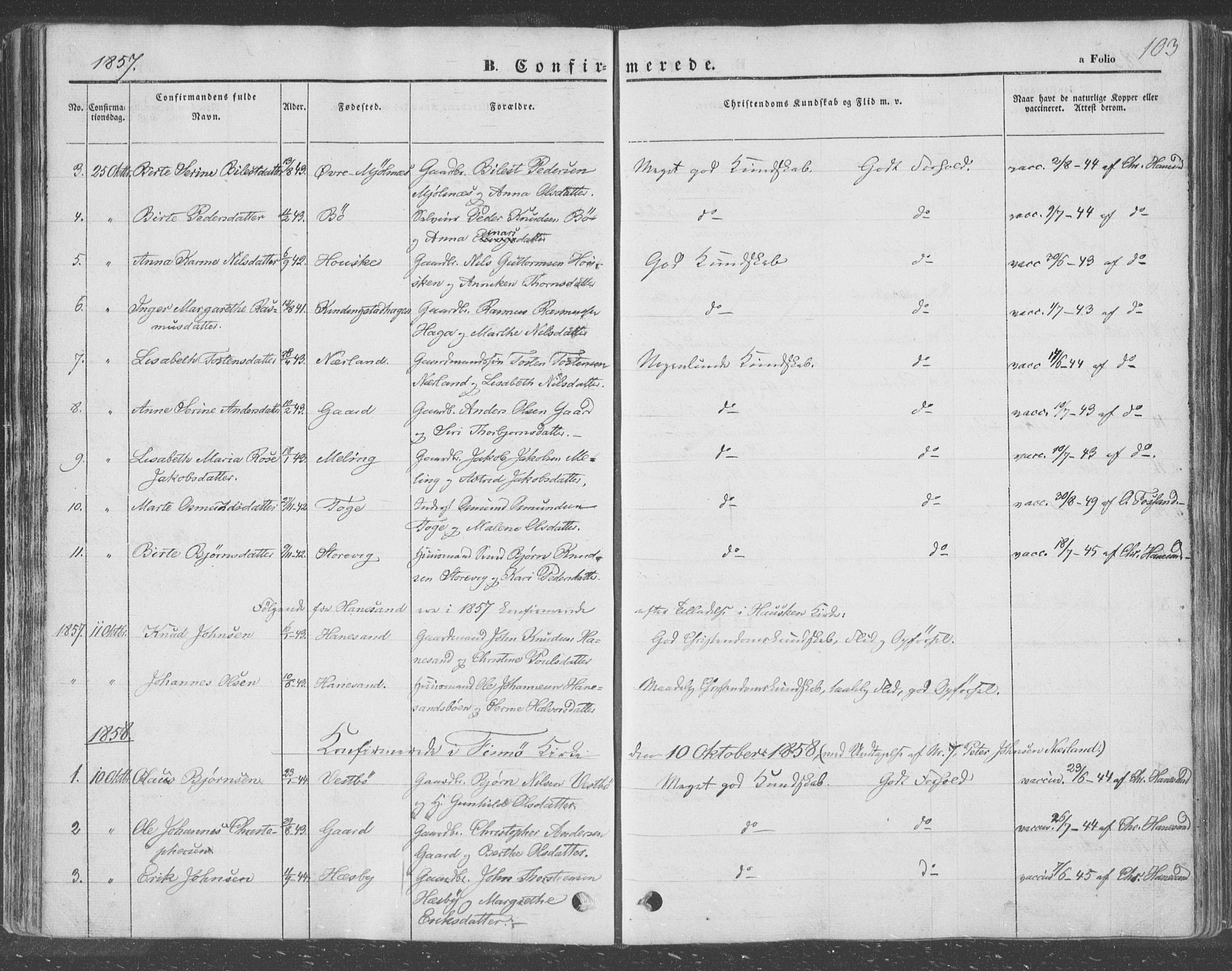 Finnøy sokneprestkontor, SAST/A-101825/H/Ha/Haa/L0007: Parish register (official) no. A 7, 1847-1862, p. 103
