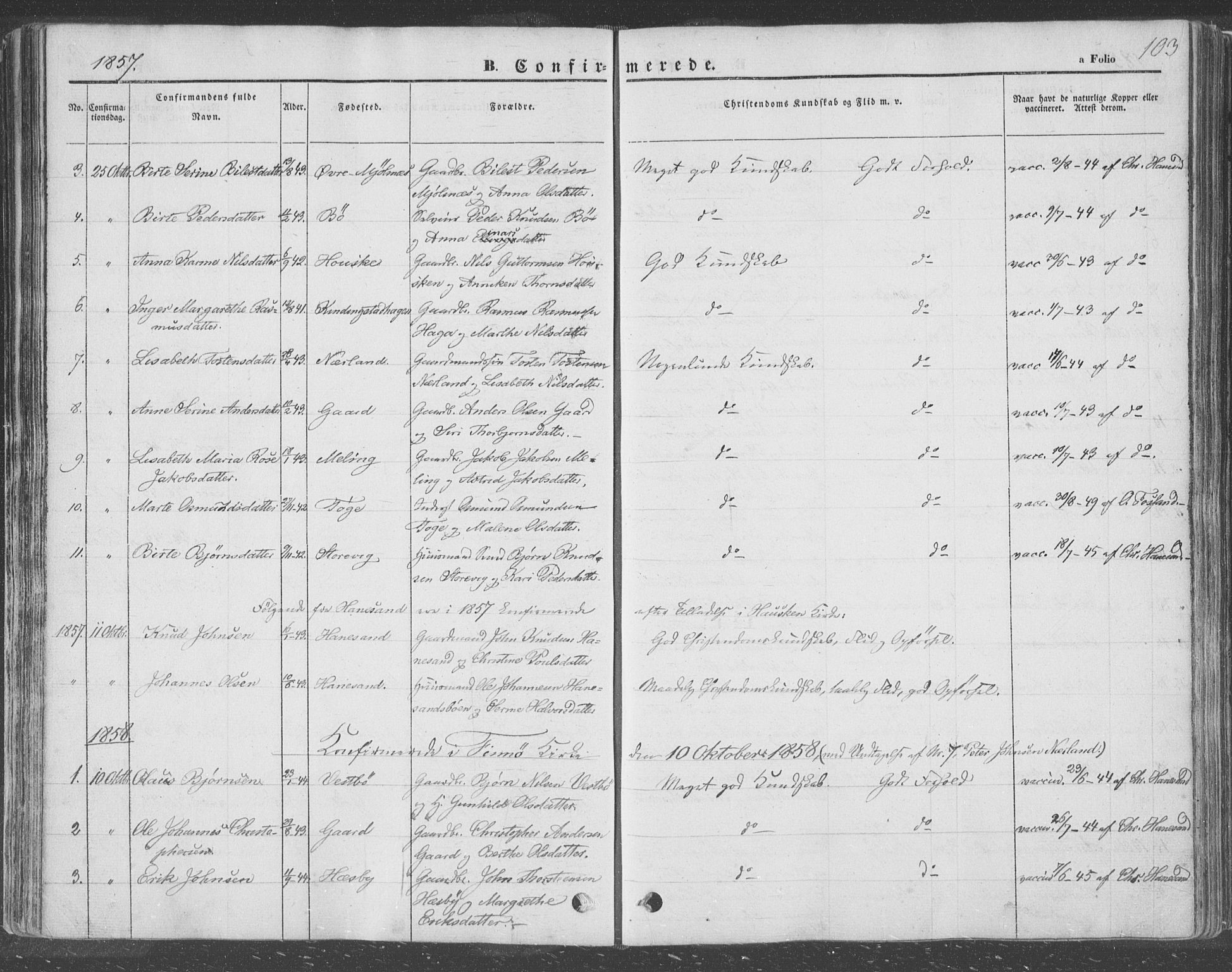 Finnøy sokneprestkontor, AV/SAST-A-101825/H/Ha/Haa/L0007: Parish register (official) no. A 7, 1847-1862, p. 103