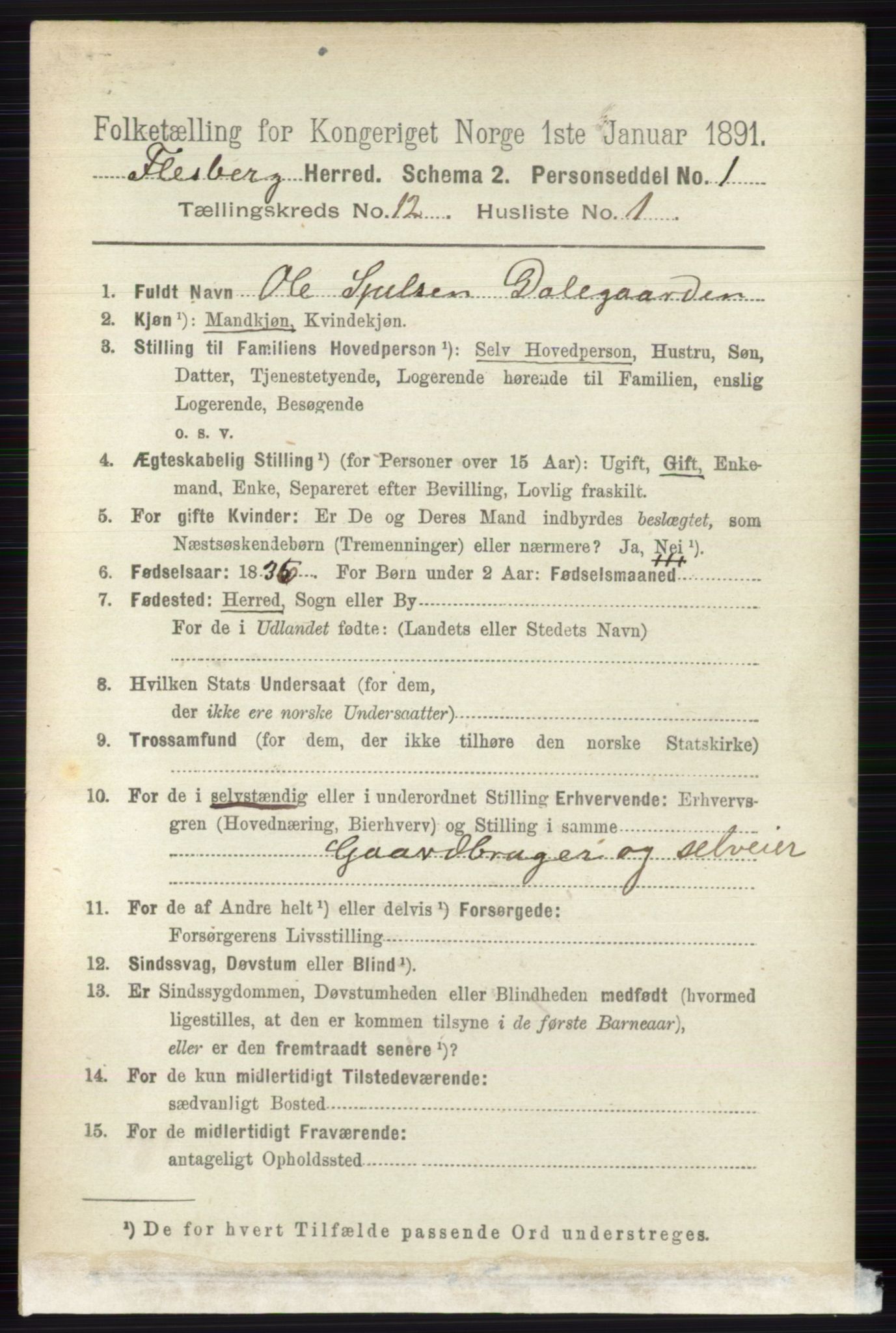 RA, 1891 census for 0631 Flesberg, 1891, p. 2096