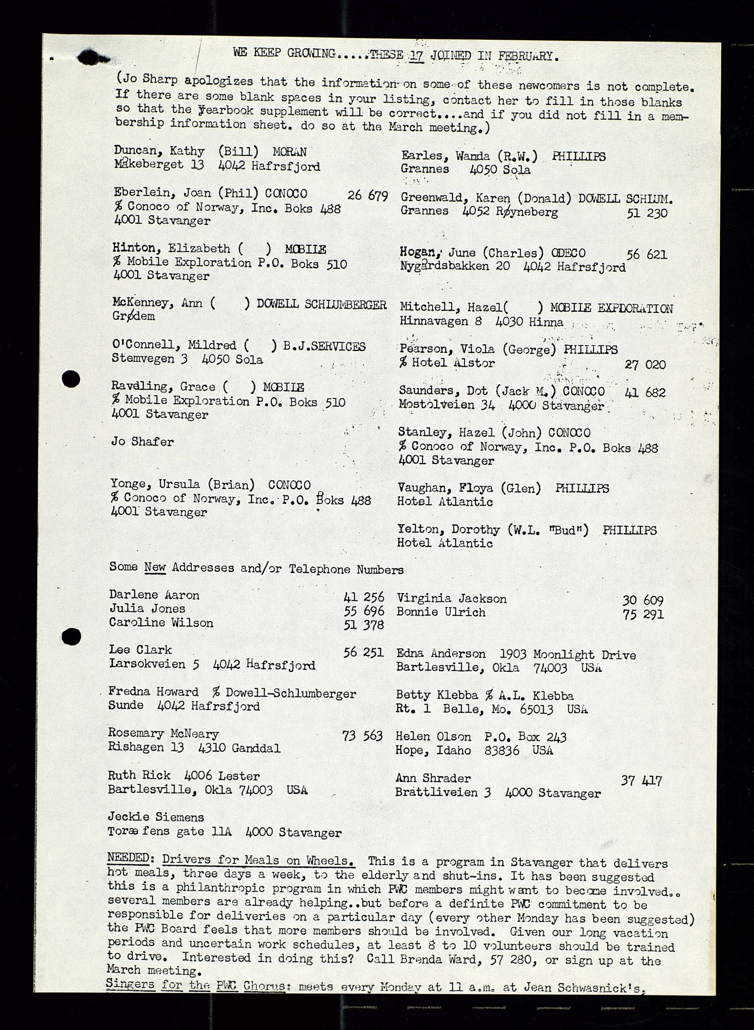 PA 1547 - Petroleum Wives Club, AV/SAST-A-101974/X/Xa/L0001: Newsletters (1971-1978)/radiointervjuer på kasett (1989-1992), 1970-1978