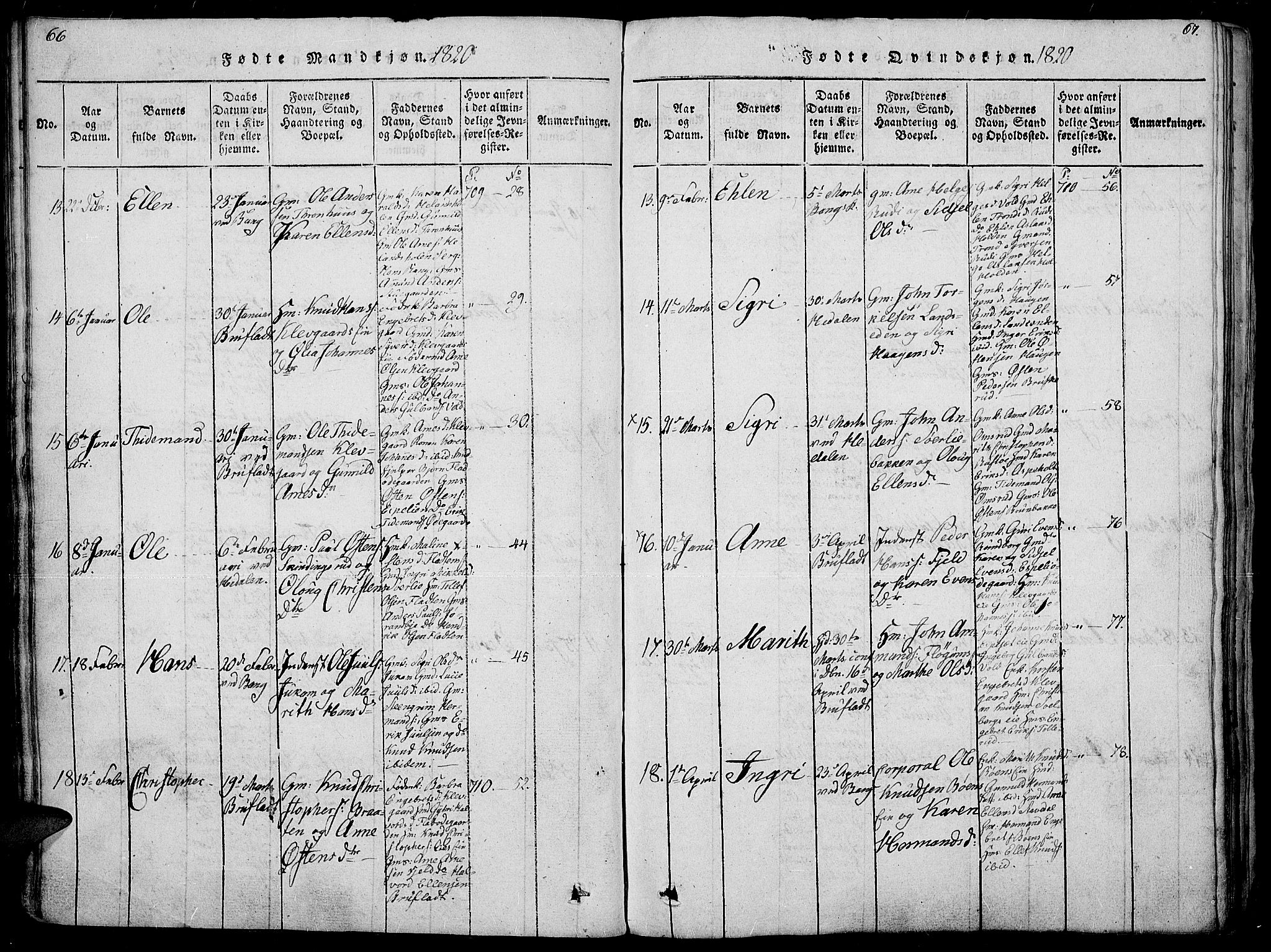 Sør-Aurdal prestekontor, SAH/PREST-128/H/Ha/Haa/L0002: Parish register (official) no. 2, 1815-1840, p. 66-67